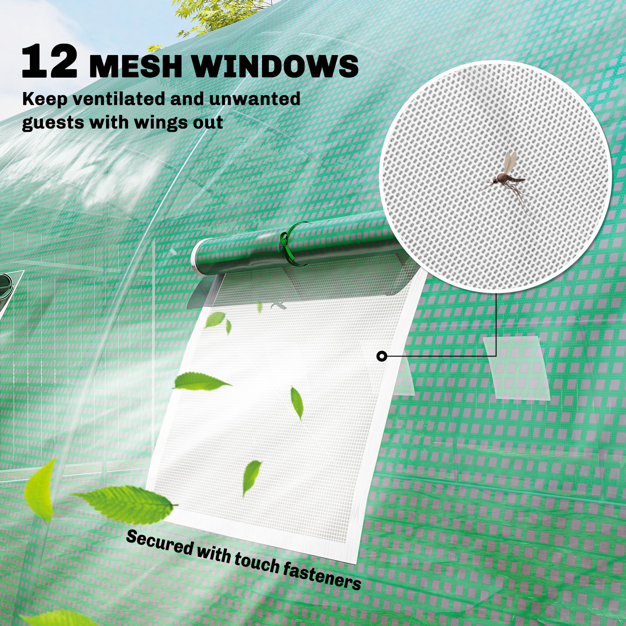 Outdoor Greenhouse 6 x 4 x 2 m (19.7 x 13.1 x 6.6 ft) Tunnel Greenhouse with 2 Support Bars, Roll-Up Doors, Mesh Windows, PE Cover & Galvanized Steel Frame, UV-Proof, Waterproof, Green