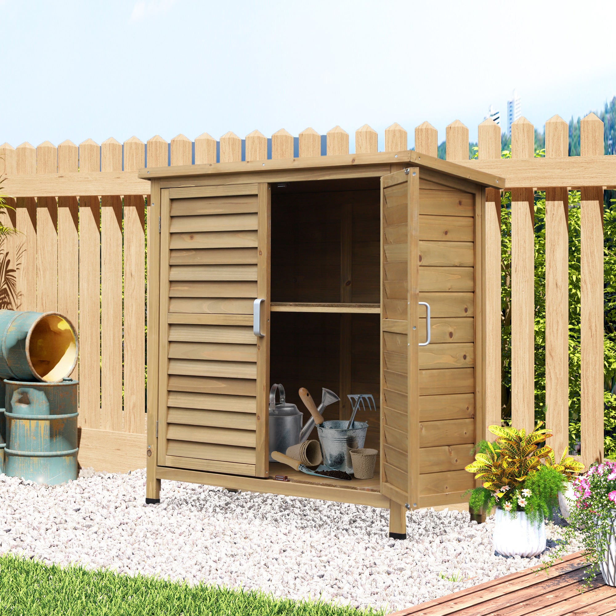 Wooden Garden Storage Shed 87x46.5x96.5 cm with 2 Interior Shelves, 2 Ventilated Doors, and Sloping Roof for Outdoor Natural Terrace