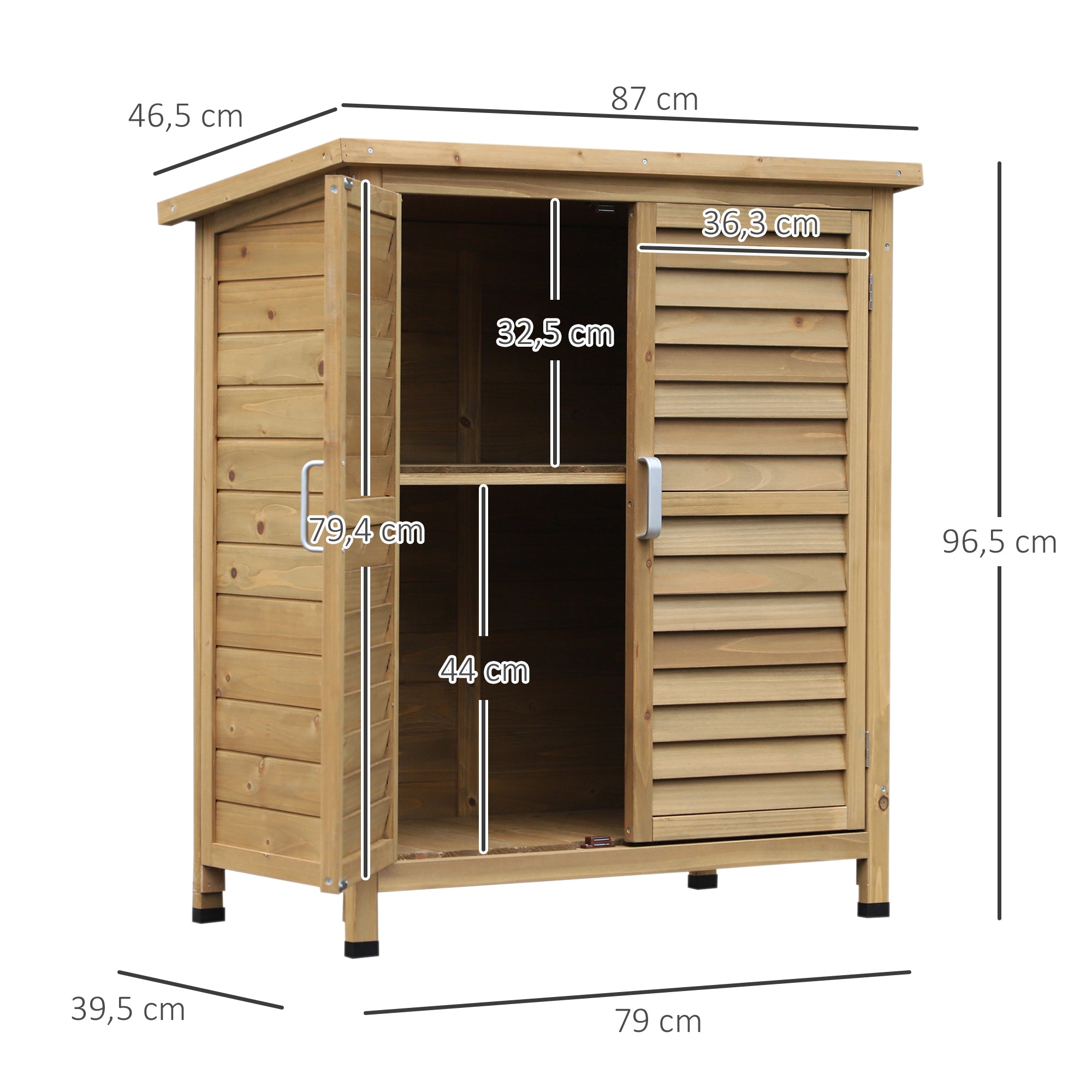 Wooden Garden Storage Shed 87x46.5x96.5 cm with 2 Interior Shelves, 2 Ventilated Doors, and Sloping Roof for Outdoor Natural Terrace