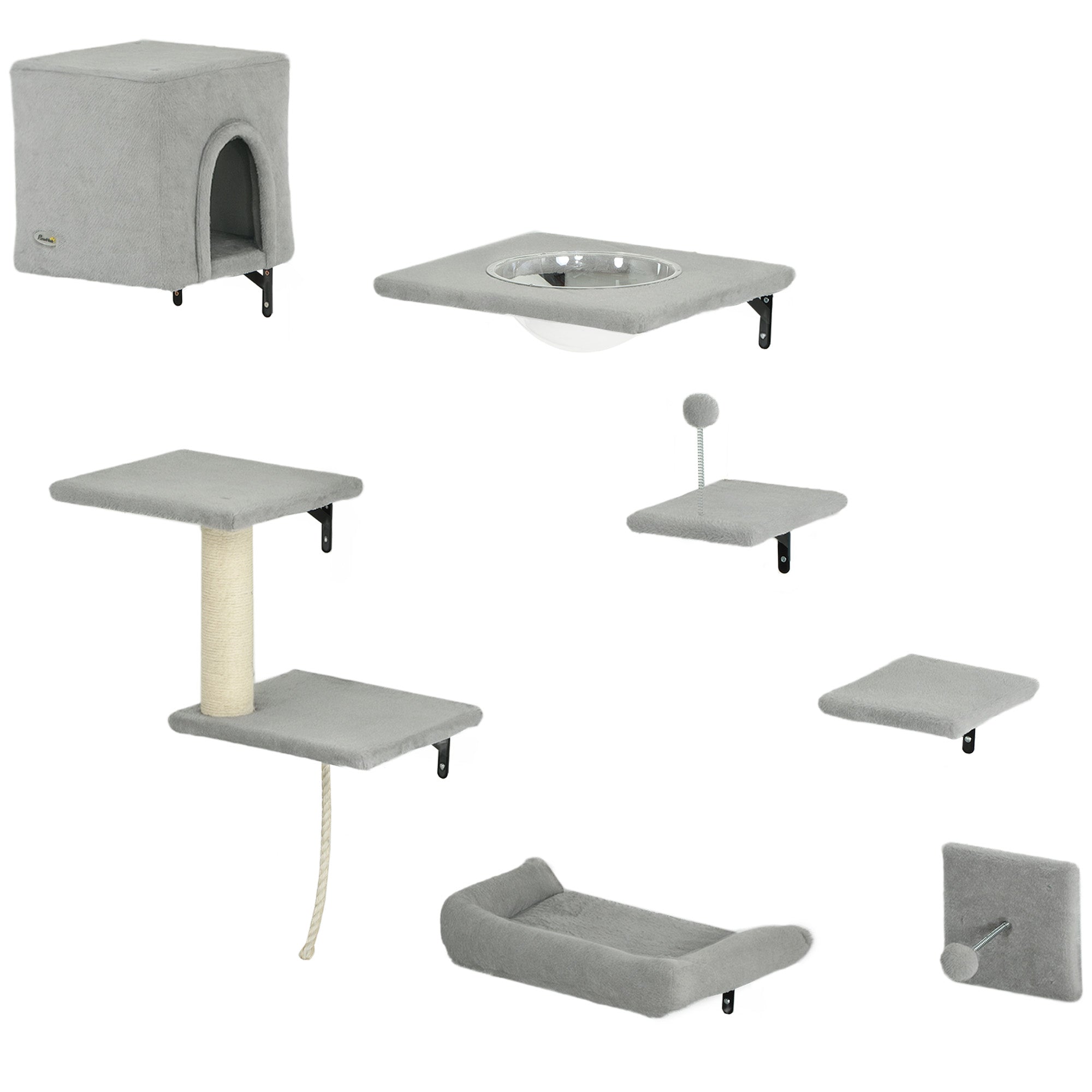 Climbing Wall Cat 7-Piece Cat Climbing Wall Set with Cat House, Platform, Scratching Post with Hanging Ball, Plush Wall Scratching Post, Cat Furniture for Cats up to 5 kg, Gray