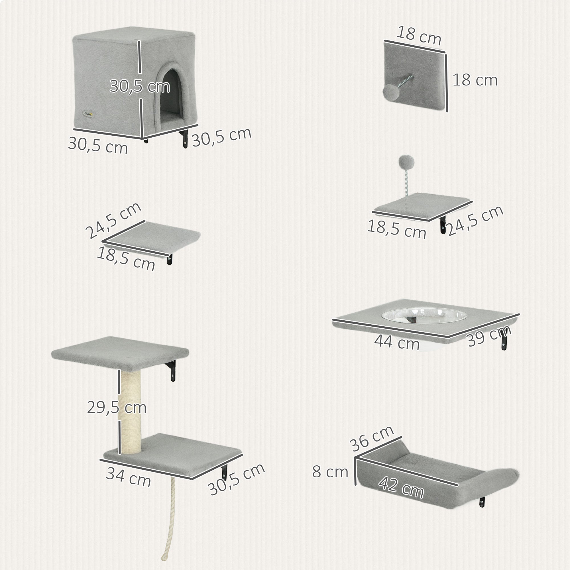 Climbing Wall Cat 7-Piece Cat Climbing Wall Set with Cat House, Platform, Scratching Post with Hanging Ball, Plush Wall Scratching Post, Cat Furniture for Cats up to 5 kg, Gray