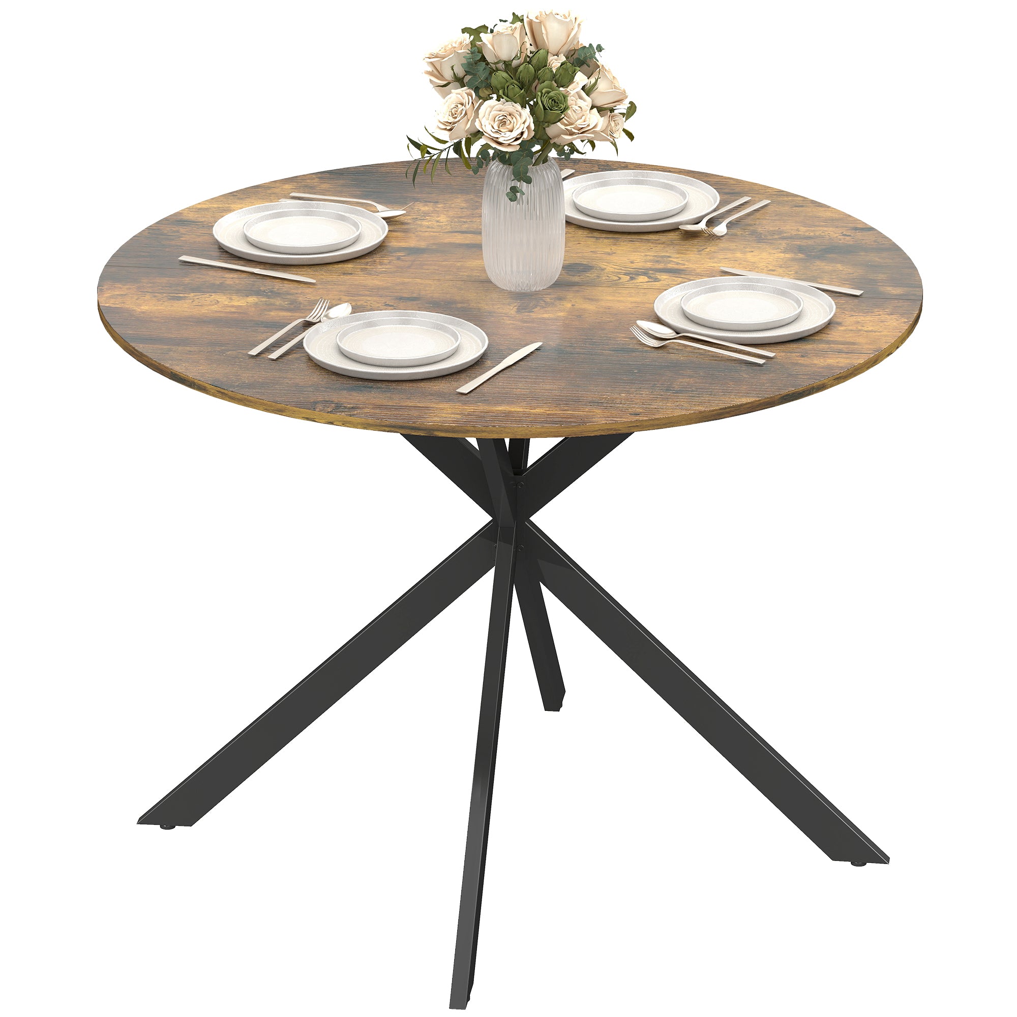 Round Dining Table for 4, Ø100 cm Industrial Kitchen Table with Steel X-Legs, Rustic Brown