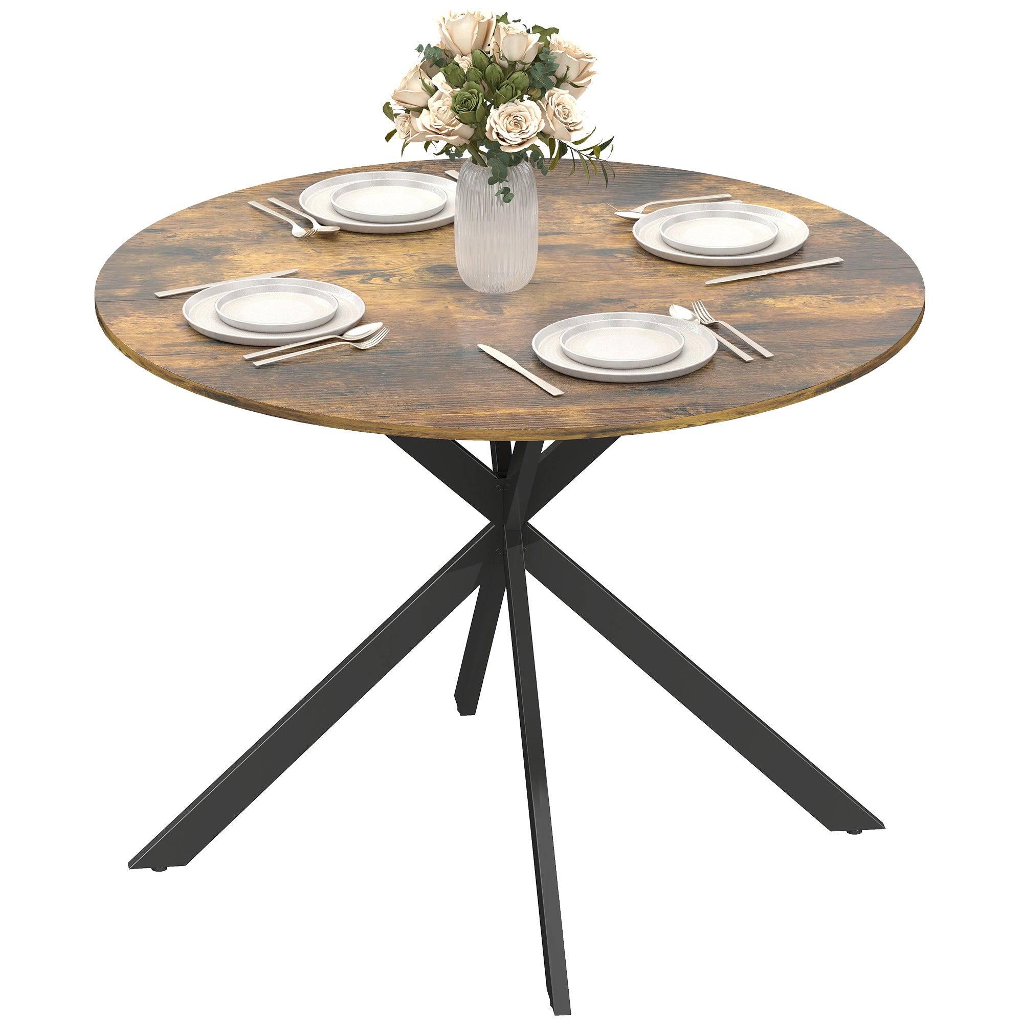 Round Dining Table for 4, Ø100 cm Industrial Kitchen Table with Steel X-Legs, Rustic Brown