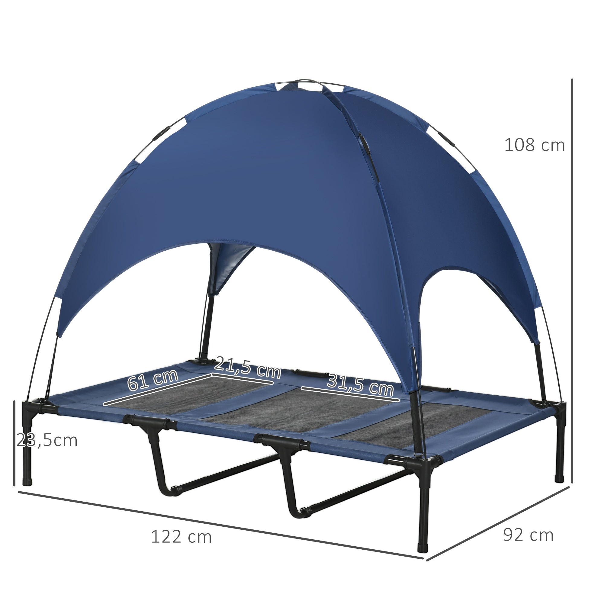 Elevated Dog Bed with Canopy, Pet Bed, Outdoor Dog Lounger with Roof, Breathable, Taft Fabric for Camping Navy Blue 122 x 92 x 108 cm