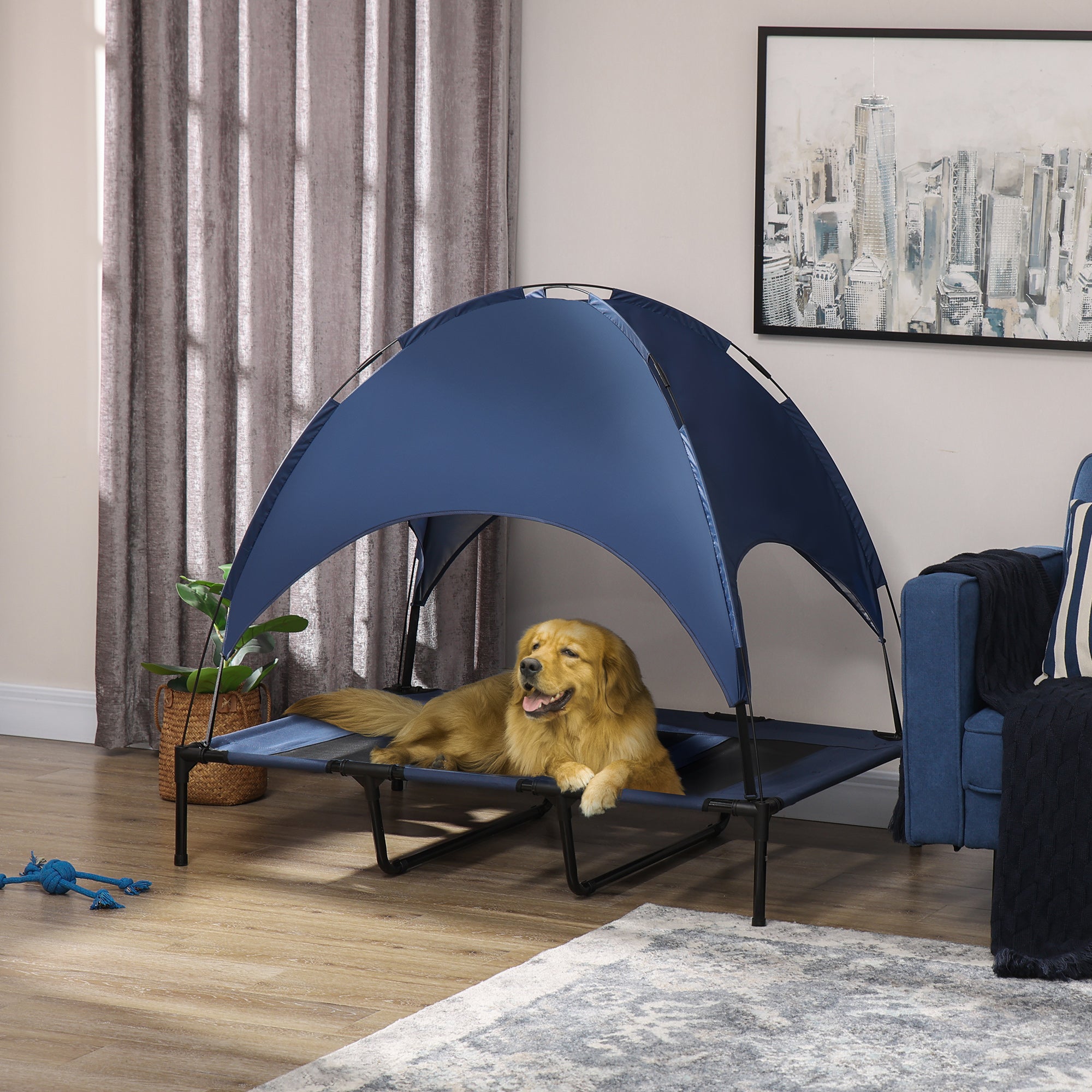 Elevated Dog Bed with Canopy, Pet Bed, Outdoor Dog Lounger with Roof, Breathable, Taft Fabric for Camping Navy Blue 122 x 92 x 108 cm