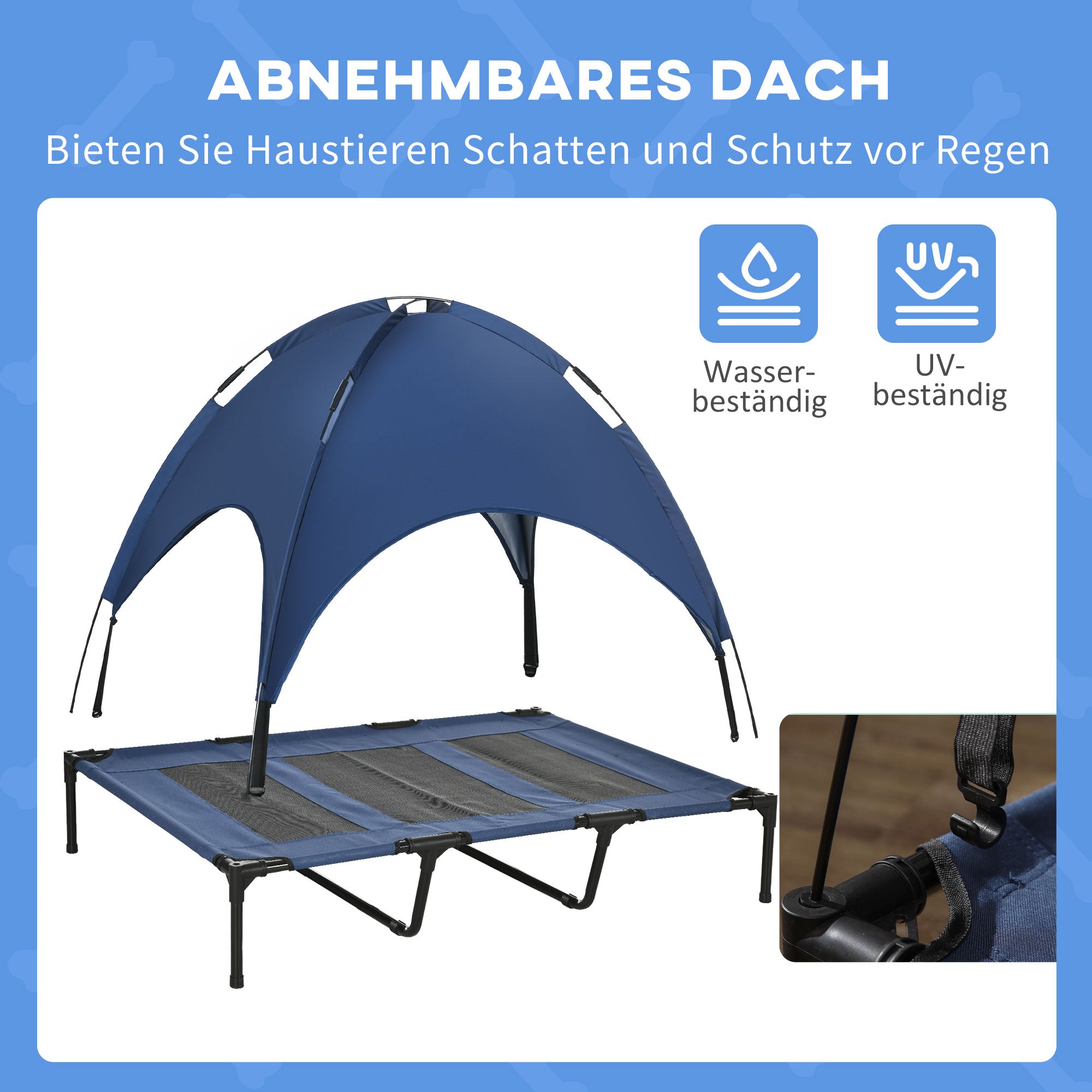 Elevated Dog Bed with Canopy, Pet Bed, Outdoor Dog Lounger with Roof, Breathable, Taft Fabric for Camping Navy Blue 122 x 92 x 108 cm