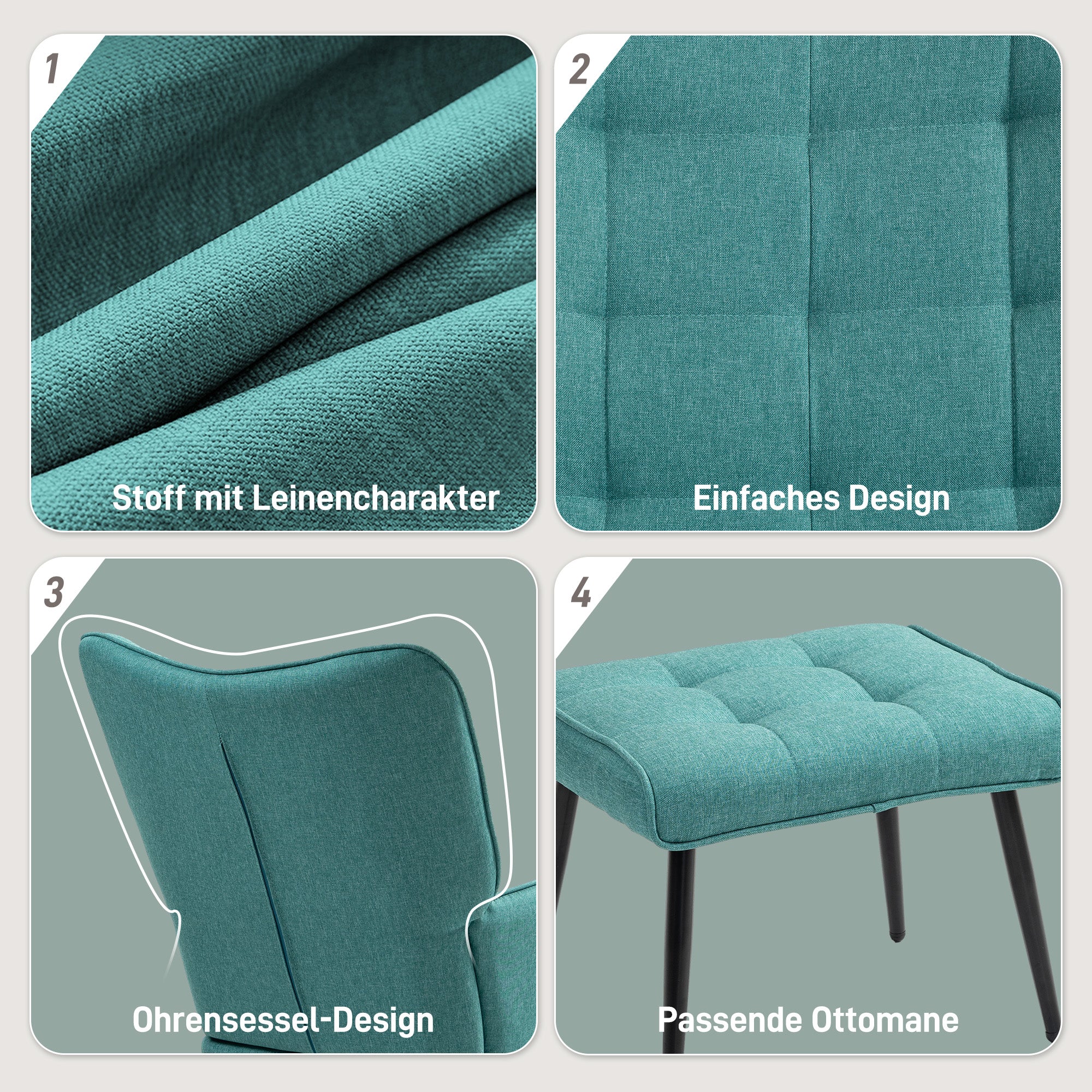 Schaukelstuhl Schwingsessel mit Hocker, Armlehnsessel, Sessel mit Leinenoptik, Schaukelsessel bis 130 kg Belastbarkeit für Schlafzimmer, Wohnzimmer, Dunkelgrün