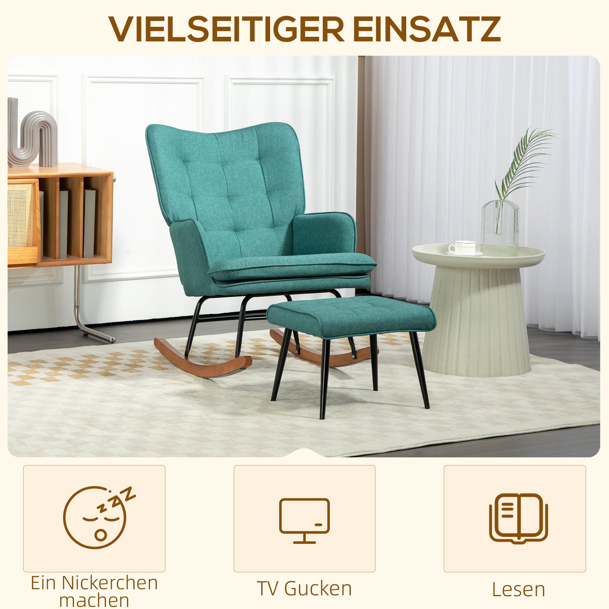 Schaukelstuhl Schwingsessel mit Hocker, Armlehnsessel, Sessel mit Leinenoptik, Schaukelsessel bis 130 kg Belastbarkeit für Schlafzimmer, Wohnzimmer, Dunkelgrün