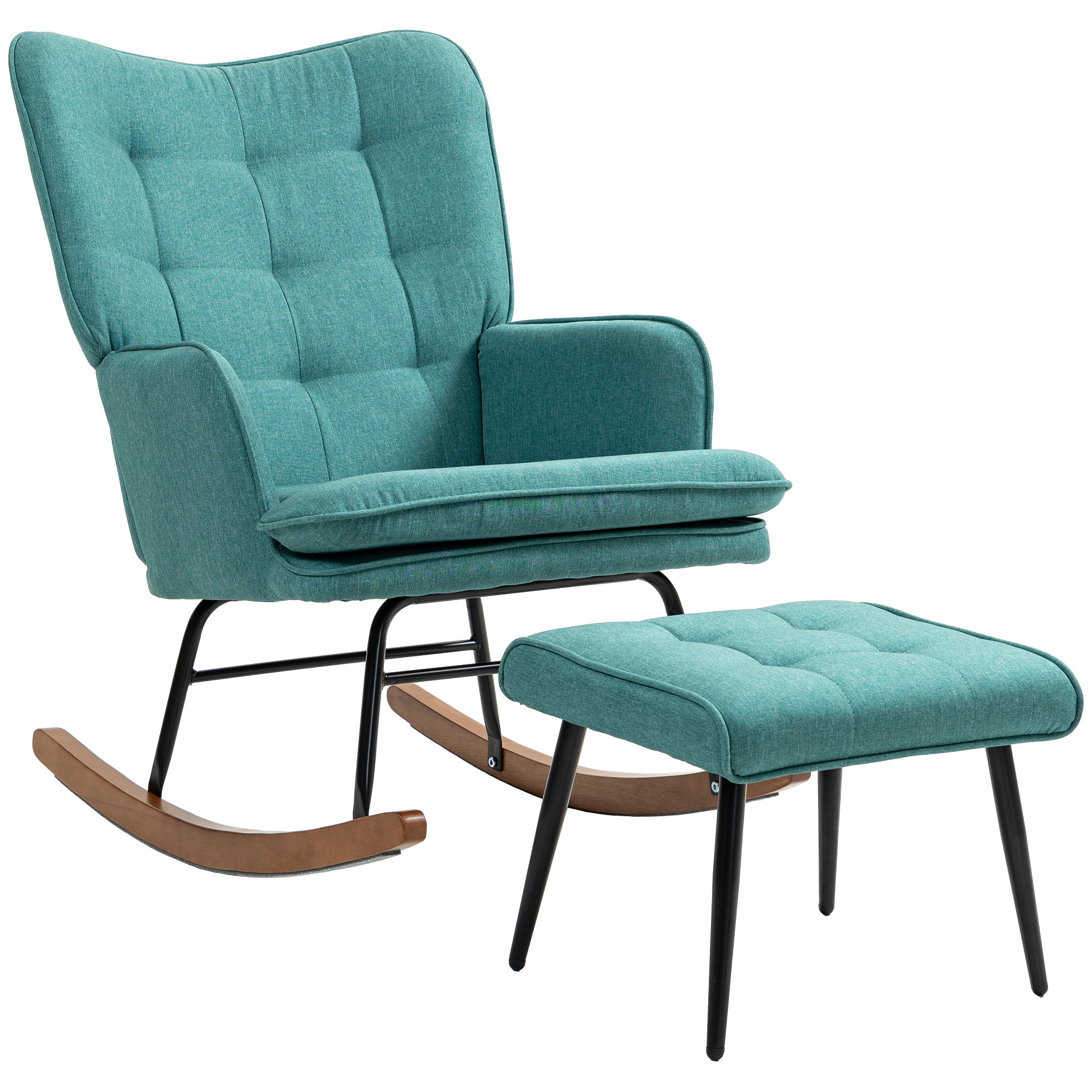 Schaukelstuhl Schwingsessel mit Hocker, Armlehnsessel, Sessel mit Leinenoptik, Schaukelsessel bis 130 kg Belastbarkeit für Schlafzimmer, Wohnzimmer, Dunkelgrün