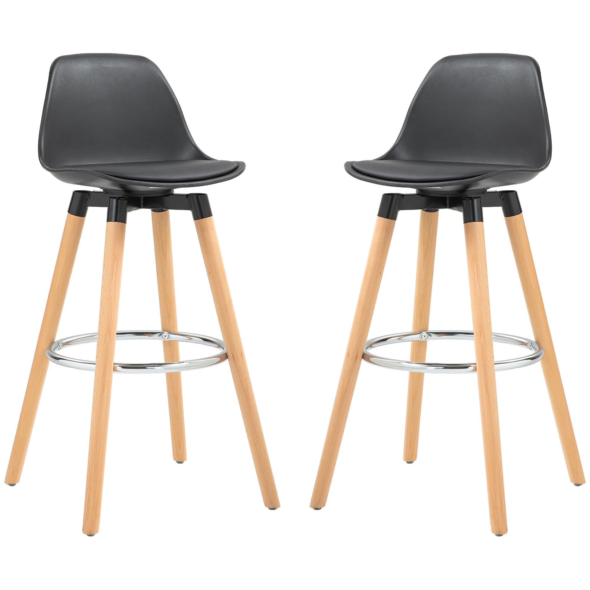 Set of 2 High Kitchen Stools Seat Height 69 cm Bar Stools High Chairs Upholstered in PU with Backrest Wooden Legs for Dining Room Black