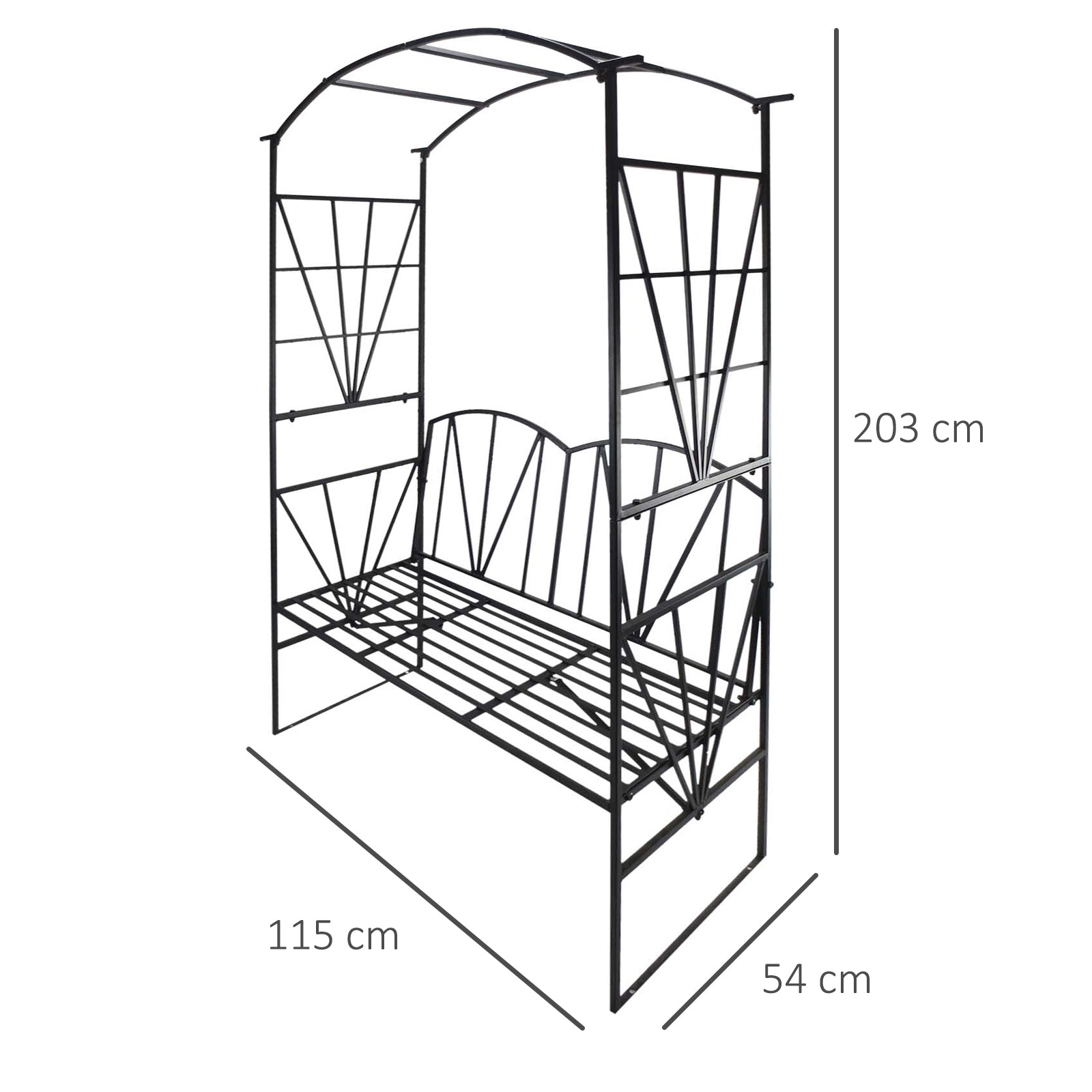 2 Seater Garden Arch with Bench, Garden Rose Arch for Climbing Plants, Flowers - Wedding Ceremony Decoration, dim. 115L x 54W x 203H cm black