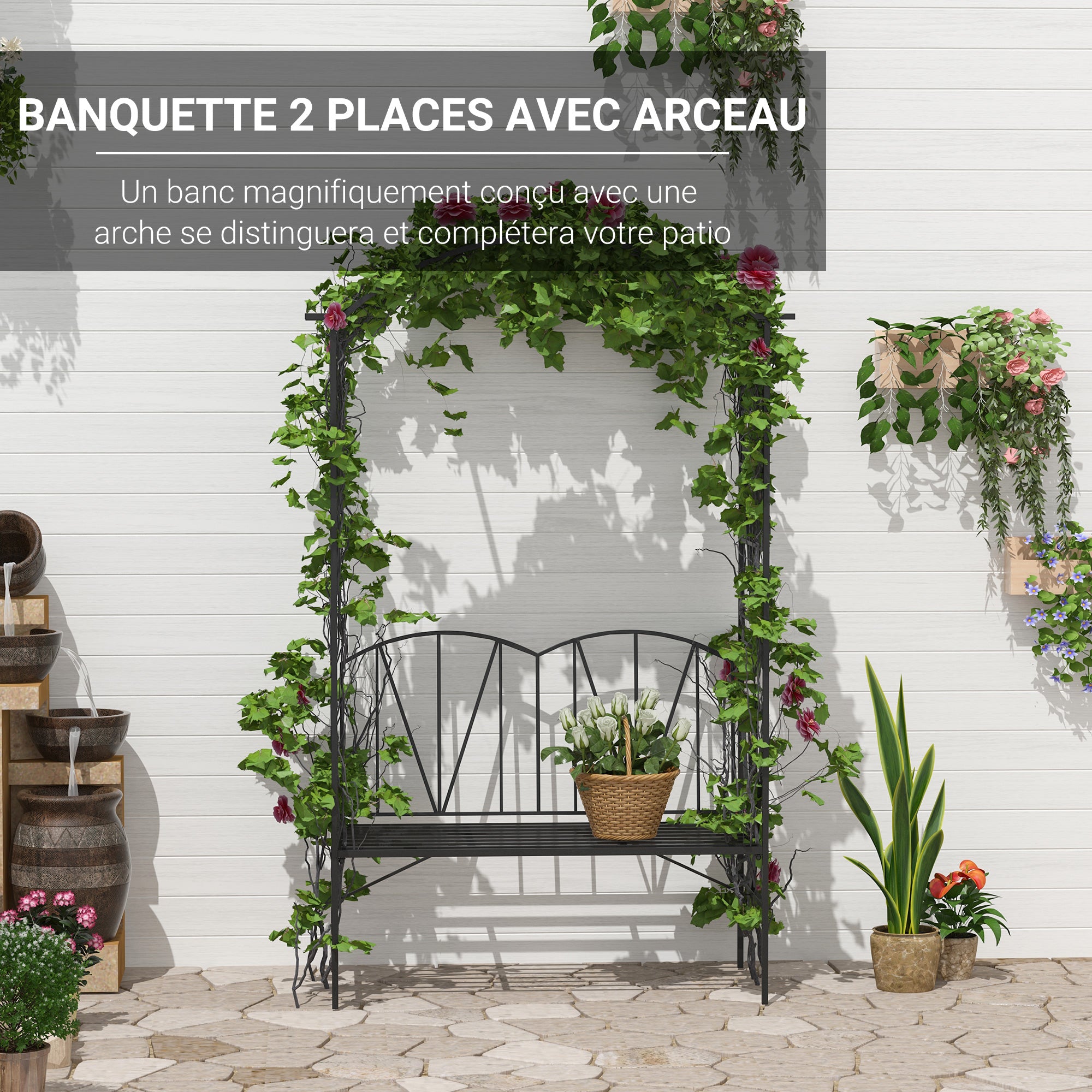 2 Seater Garden Arch with Bench, Garden Rose Arch for Climbing Plants, Flowers - Wedding Ceremony Decoration, dim. 115L x 54W x 203H cm black