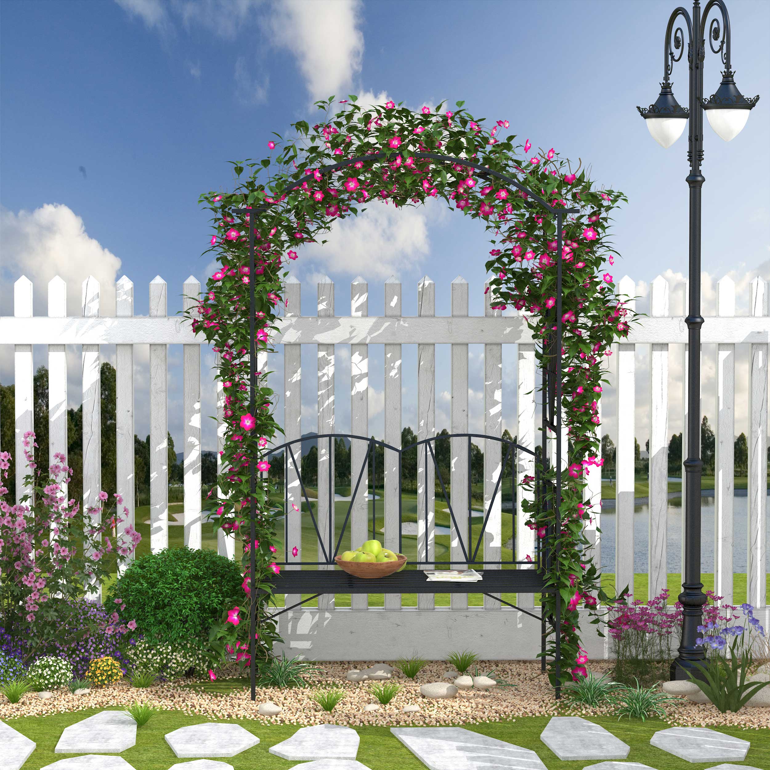 2 Seater Garden Arch with Bench, Garden Rose Arch for Climbing Plants, Flowers - Wedding Ceremony Decoration, dim. 115L x 54W x 203H cm black
