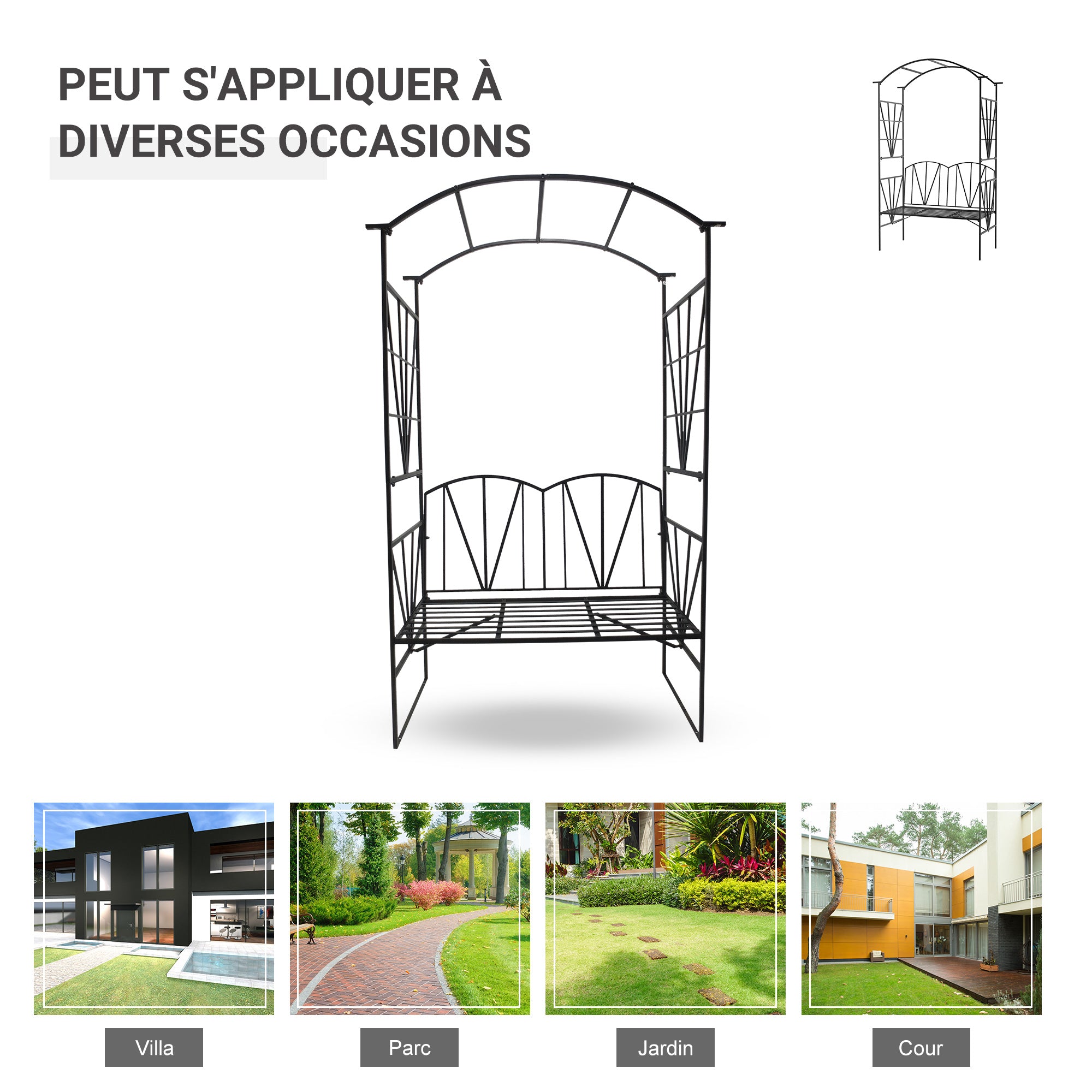 2 Seater Garden Arch with Bench, Garden Rose Arch for Climbing Plants, Flowers - Wedding Ceremony Decoration, dim. 115L x 54W x 203H cm black