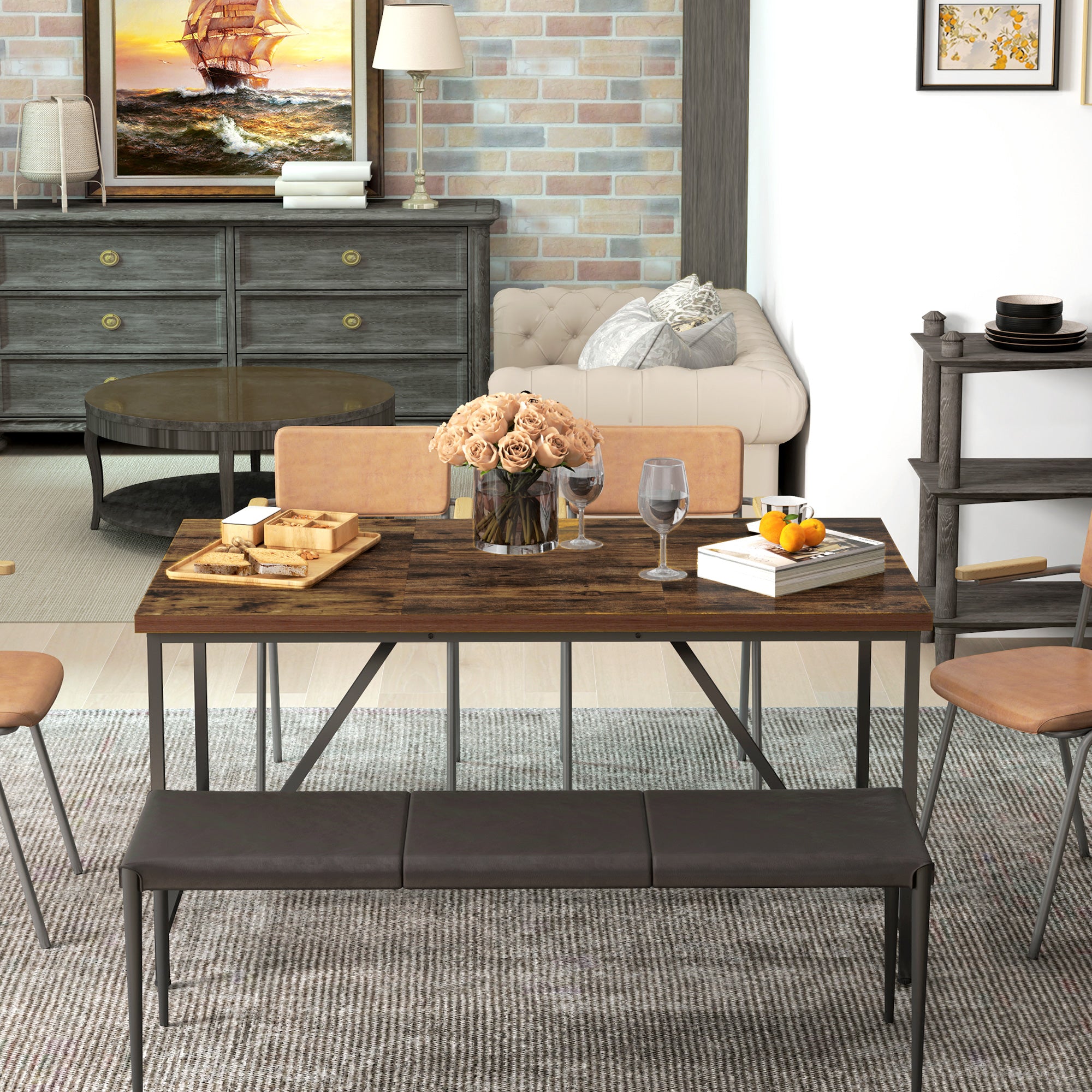 Rectangular Dining Table for 6 People, Industrial Style Kitchen Table with Adjustable Wood and Steel Legs, for Dining Room, Living Room, and Study, 150x80x75 cm, Brown