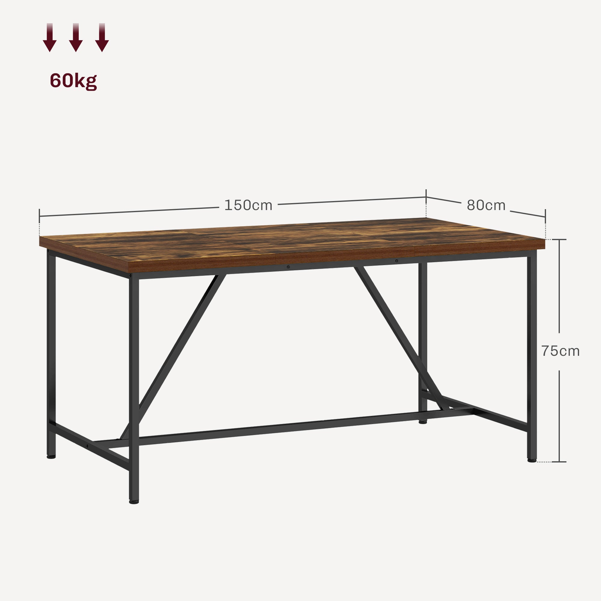 Rectangular Dining Table for 6 People, Industrial Style Kitchen Table with Adjustable Wood and Steel Legs, for Dining Room, Living Room, and Study, 150x80x75 cm, Brown