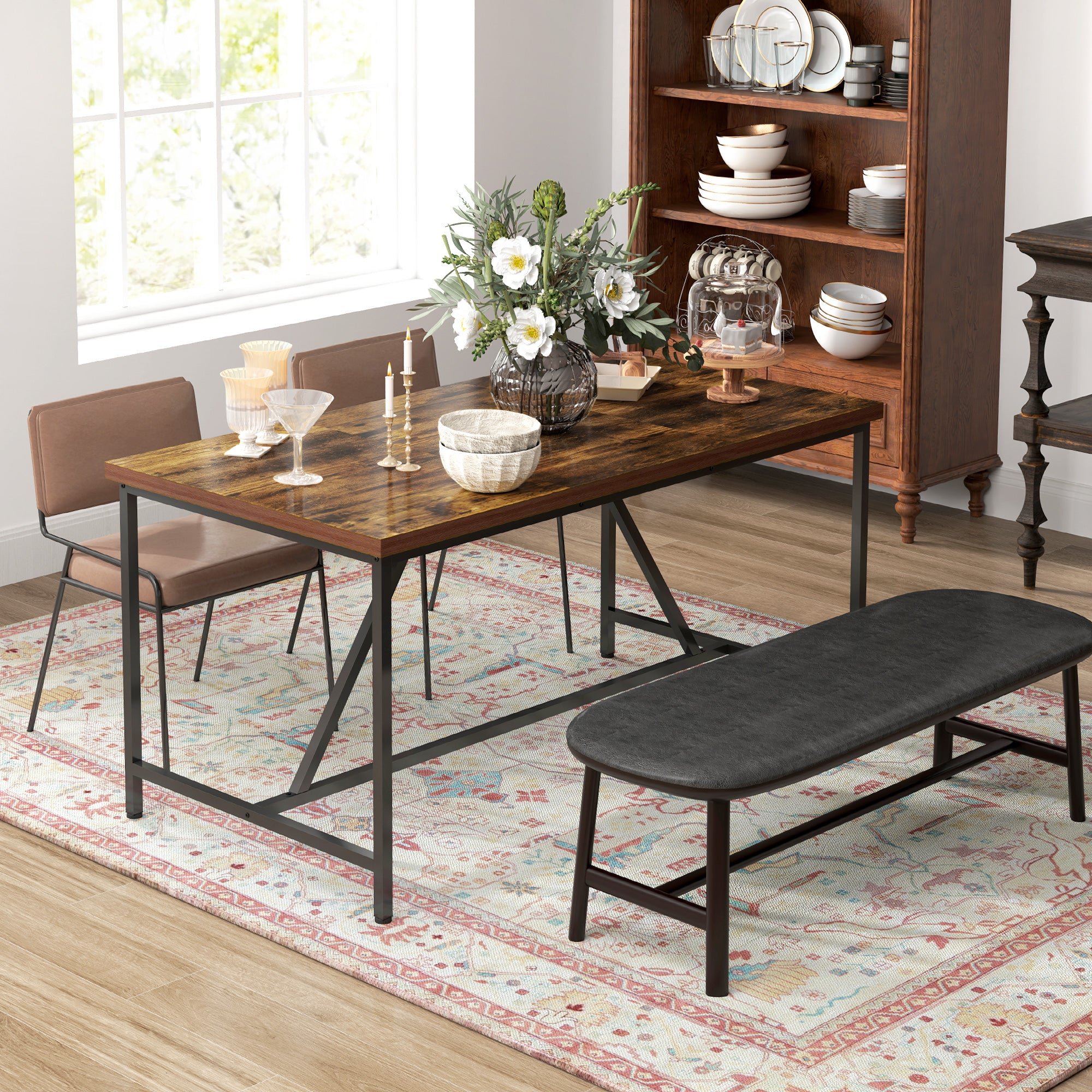 Rectangular Dining Table for 6 People, Industrial Style Kitchen Table with Adjustable Wood and Steel Legs, for Dining Room, Living Room, and Study, 150x80x75 cm, Brown