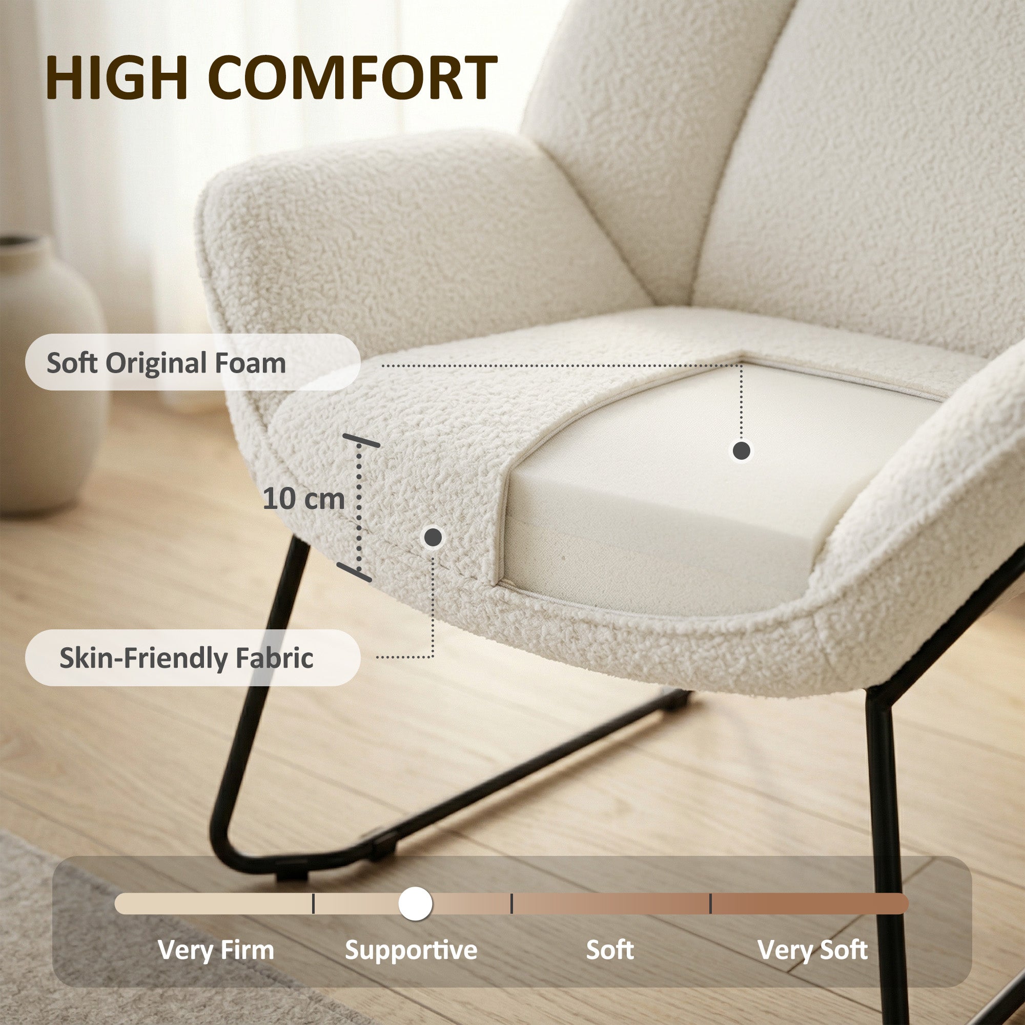 Sherpa-Fleece Lounge Chair — Modern Armchair with Armrests, Wide Back & Steel Legs, White