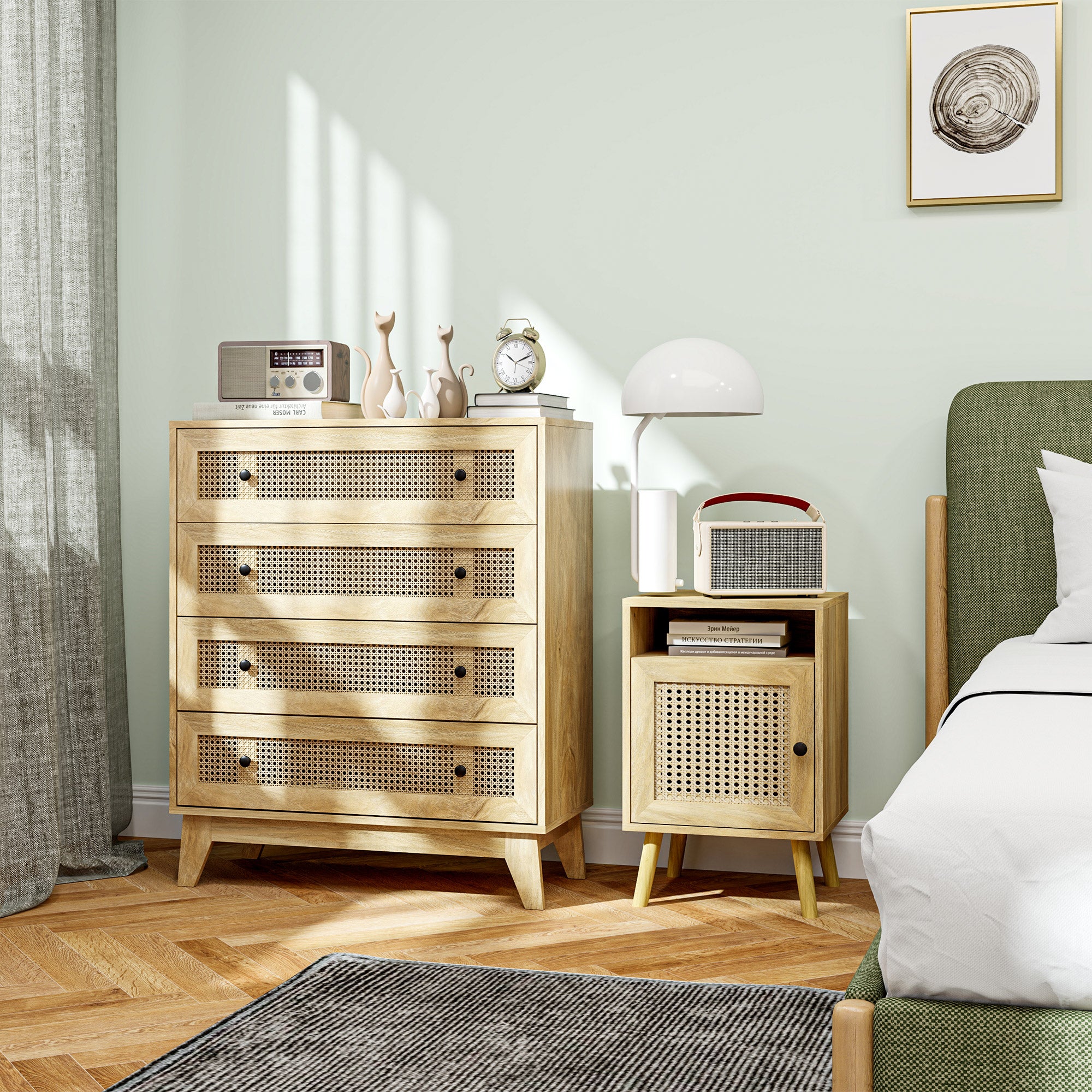 4-Drawer Chest Storage Cabinet with Rattan Cane 80 x 35 x 95 cm Light Wood Finish