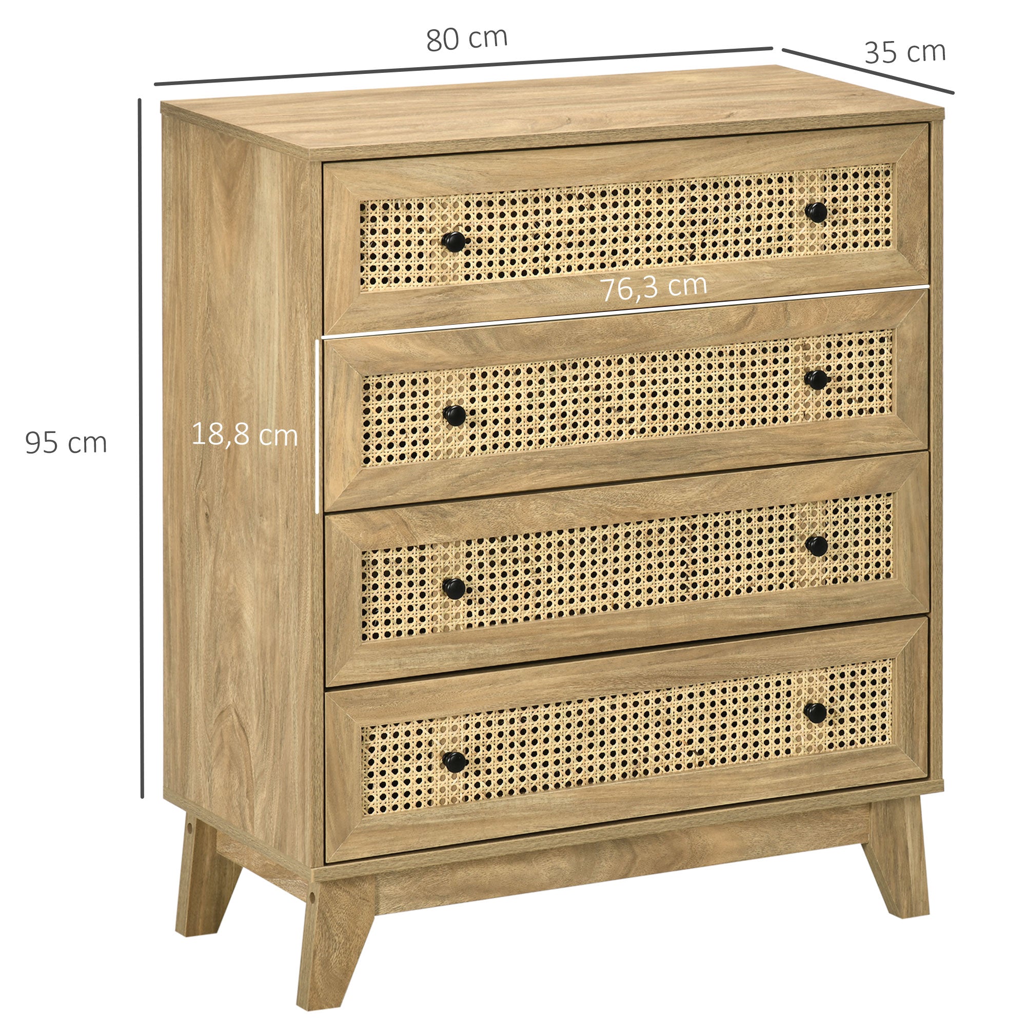 4-Drawer Chest Storage Cabinet with Rattan Cane 80 x 35 x 95 cm Light Wood Finish