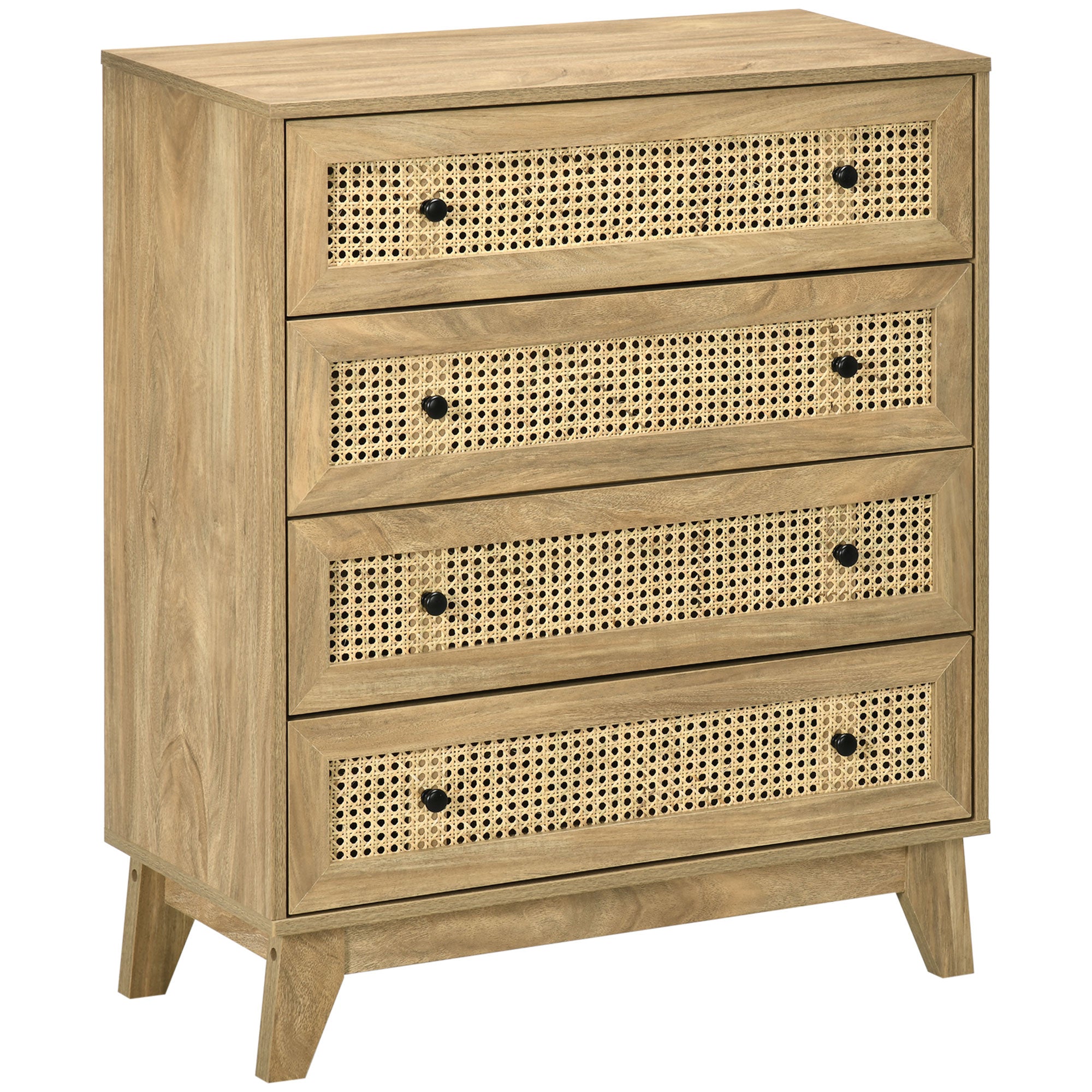 4-Drawer Chest Storage Cabinet with Rattan Cane 80 x 35 x 95 cm Light Wood Finish