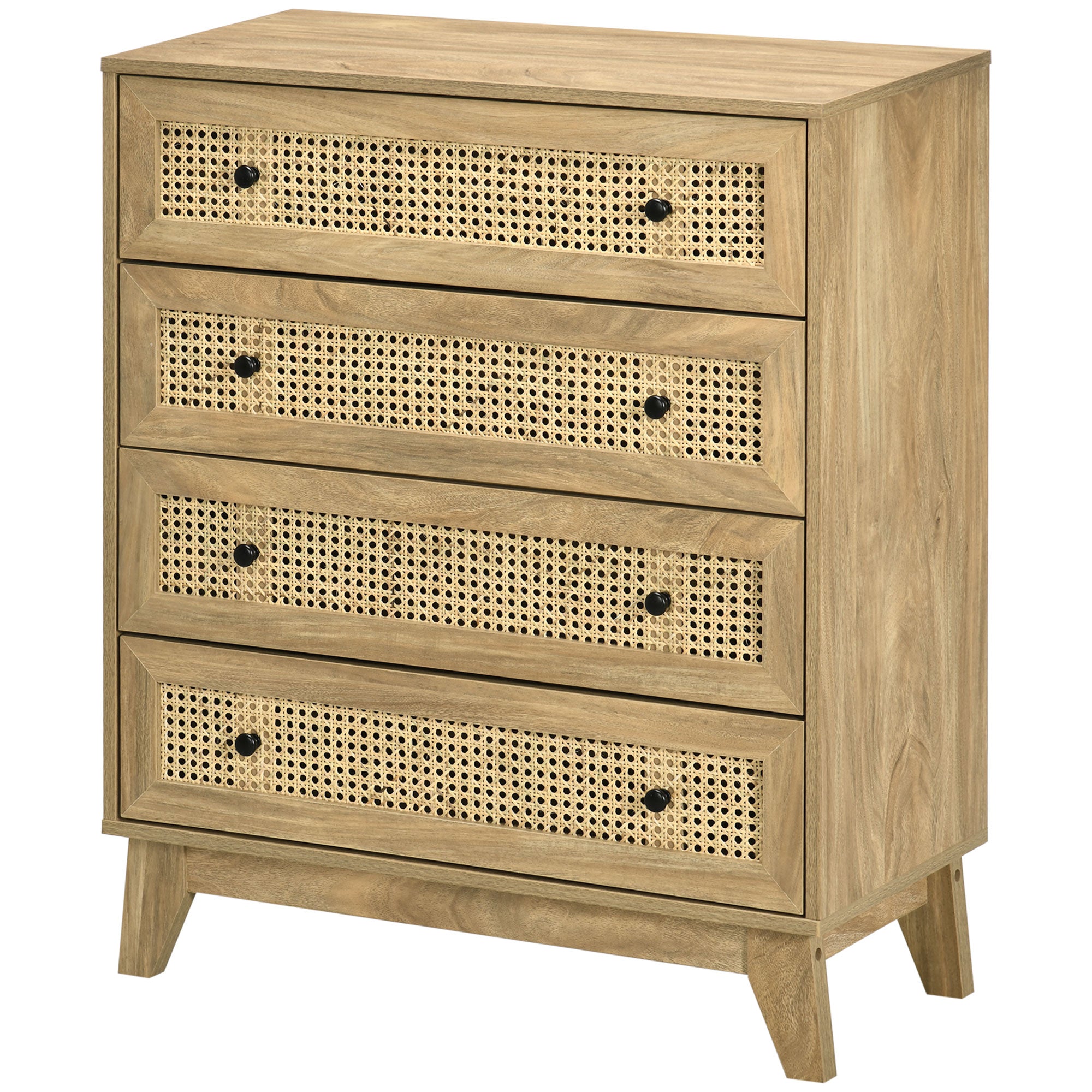 4-Drawer Chest Storage Cabinet with Rattan Cane 80 x 35 x 95 cm Light Wood Finish