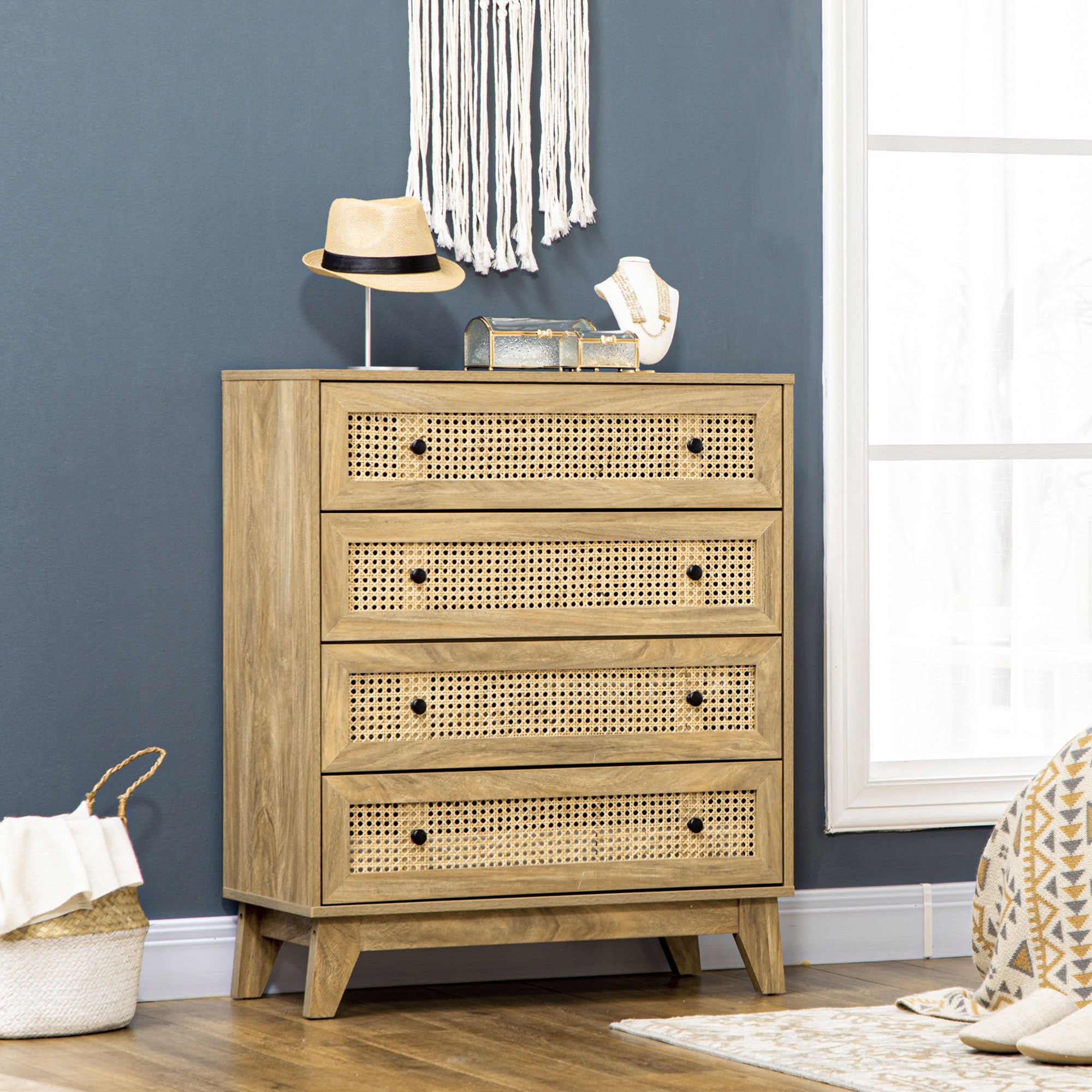 4-Drawer Chest Storage Cabinet with Rattan Cane 80 x 35 x 95 cm Light Wood Finish