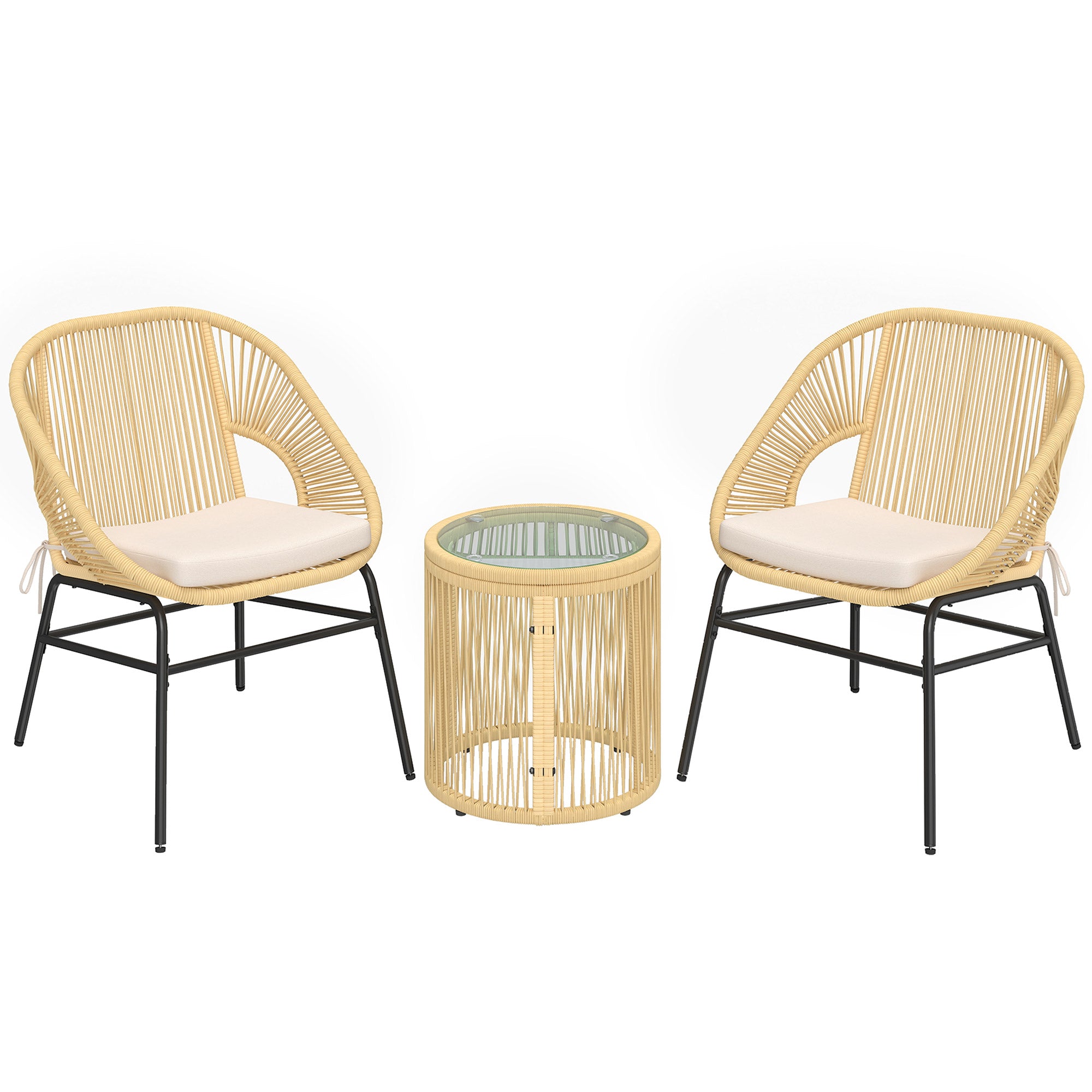 3-Piece Rattan Bistro Set – 2 Cushioned Chairs & Tempered Glass Table, Ergonomic Balcony/Patio Furniture, Beige