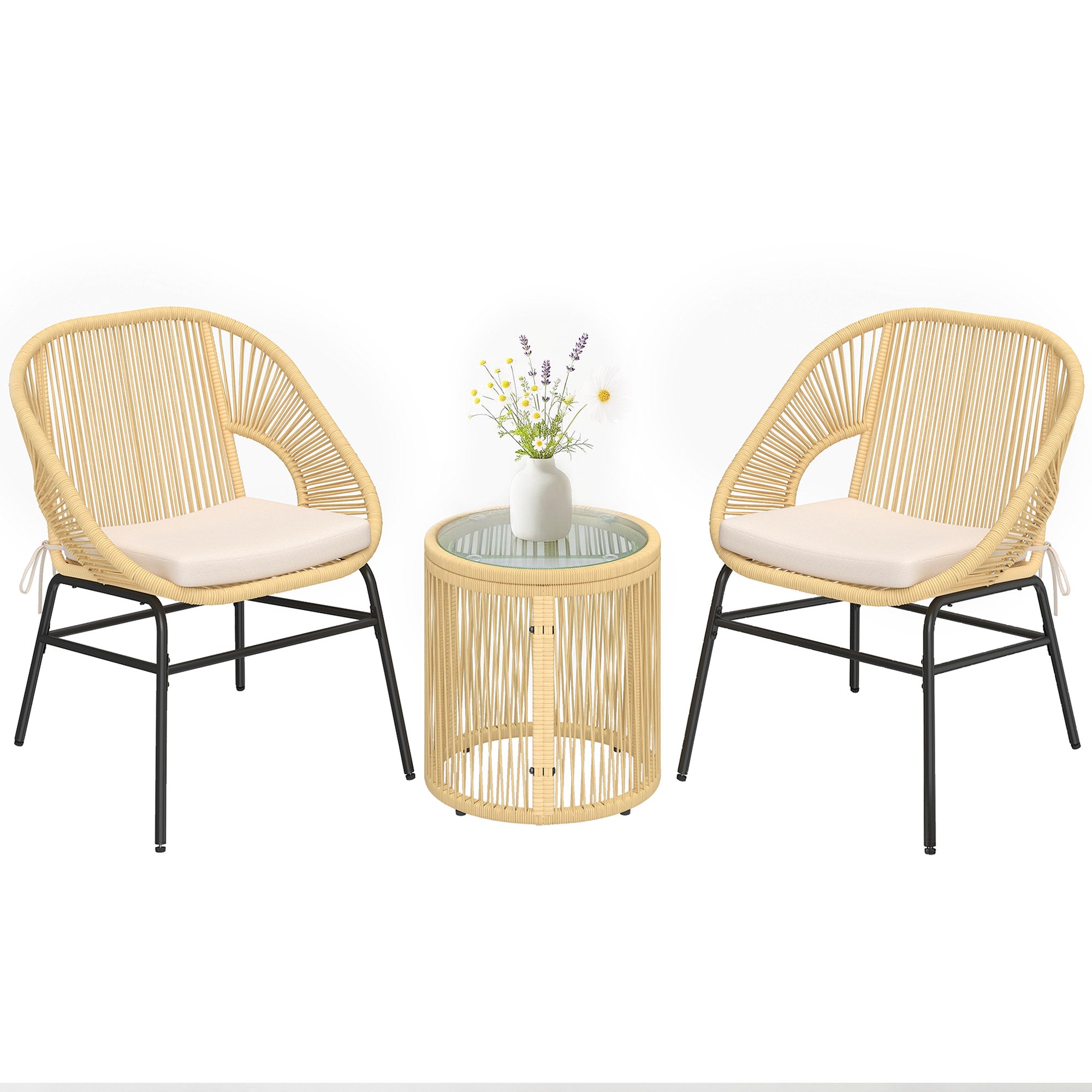 3-Piece Rattan Bistro Set – 2 Cushioned Chairs & Tempered Glass Table, Ergonomic Balcony/Patio Furniture, Beige