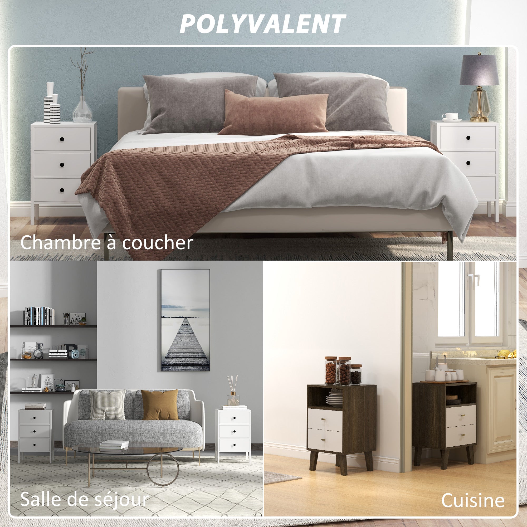 Set of 2 bedside tables, side tables, nightstand with 3 drawers for bedroom in white wood dim. 40L x 30W x 64H cm