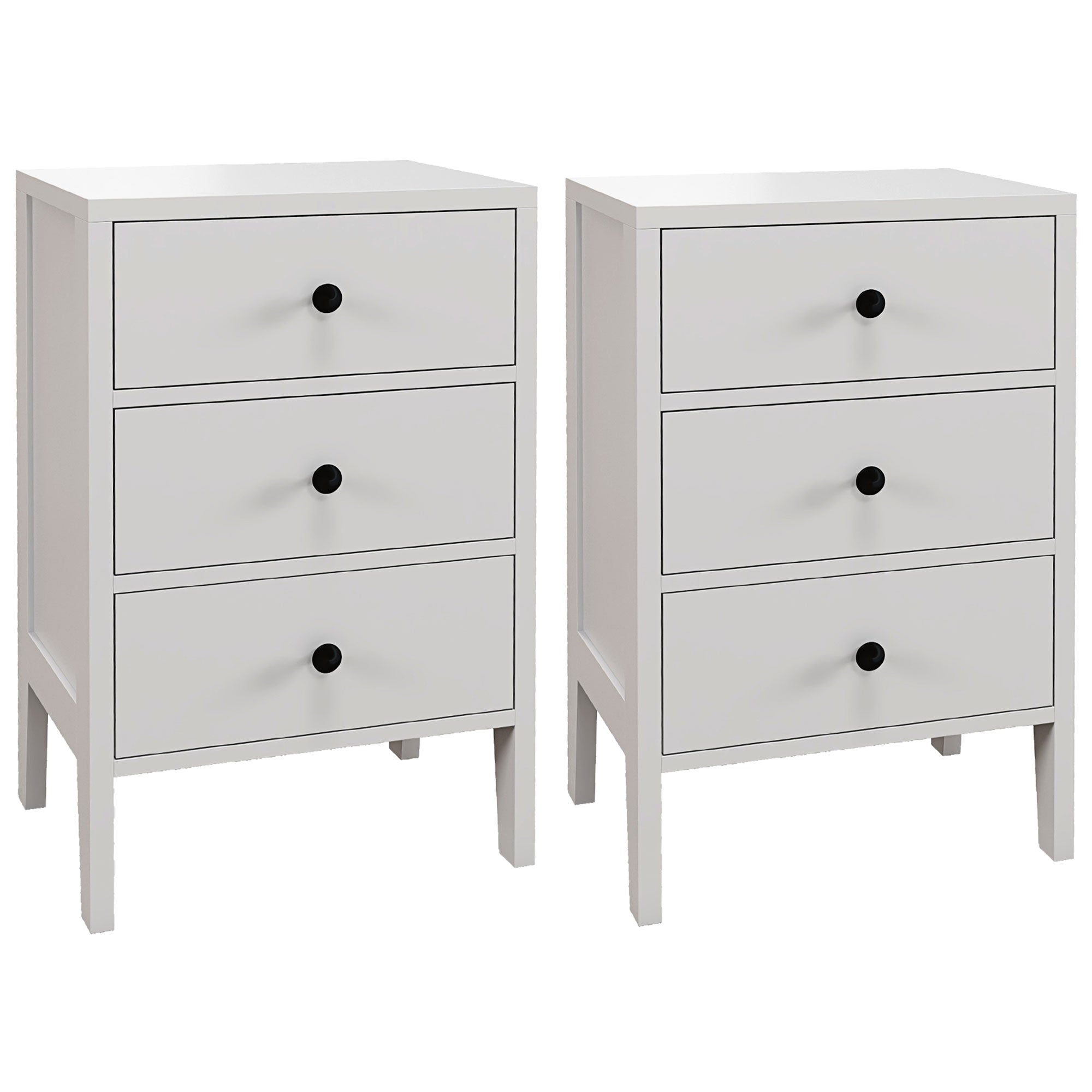 Set of 2 bedside tables, side tables, nightstand with 3 drawers for bedroom in white wood dim. 40L x 30W x 64H cm