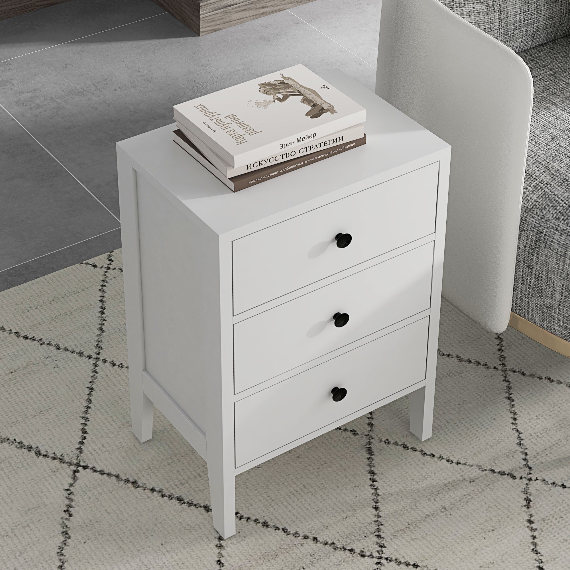 Set of 2 bedside tables, side tables, nightstand with 3 drawers for bedroom in white wood dim. 40L x 30W x 64H cm