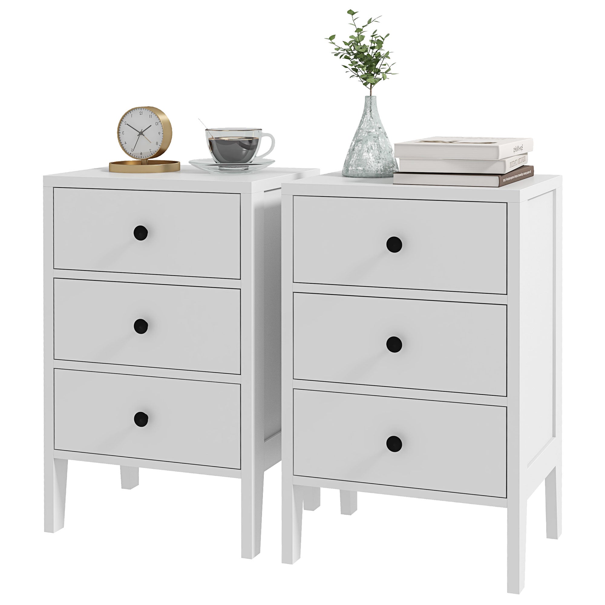 Set of 2 bedside tables, side tables, nightstand with 3 drawers for bedroom in white wood dim. 40L x 30W x 64H cm