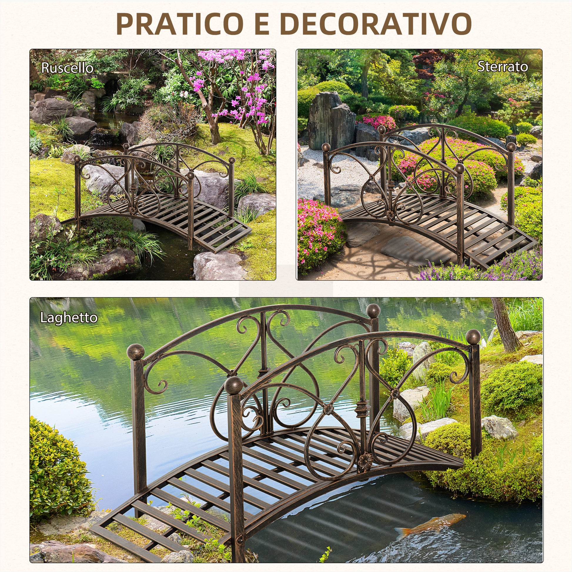 Vintage Metal Garden Bridge, Decorative Bridge with Floral Elements, 99x68x53cm, Bronze
