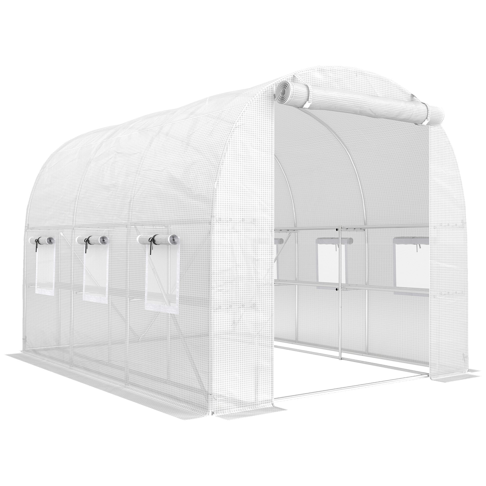 PE Tunnel Greenhouse with Shelves, Roll-Up Zip Door, 6 Mesh Windows, Support Bars, UV-Resistant Cover, Winter-Ready Tomato House, White (198 x 275 x 191 cm)