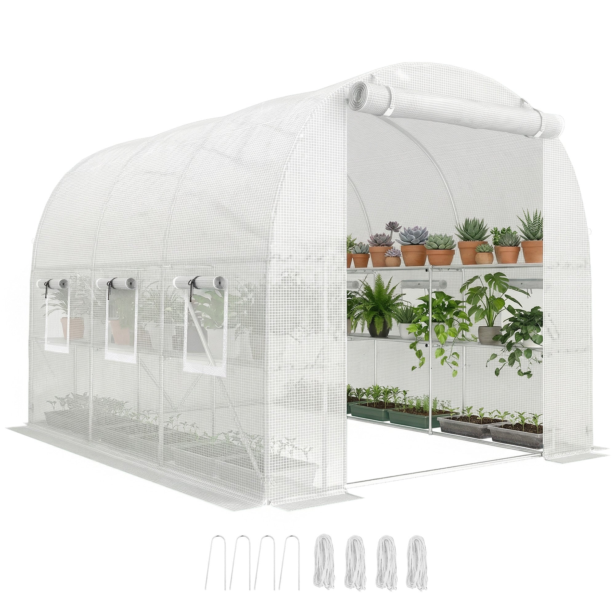 PE Tunnel Greenhouse with Shelves, Roll-Up Zip Door, 6 Mesh Windows, Support Bars, UV-Resistant Cover, Winter-Ready Tomato House, White (198 x 275 x 191 cm)