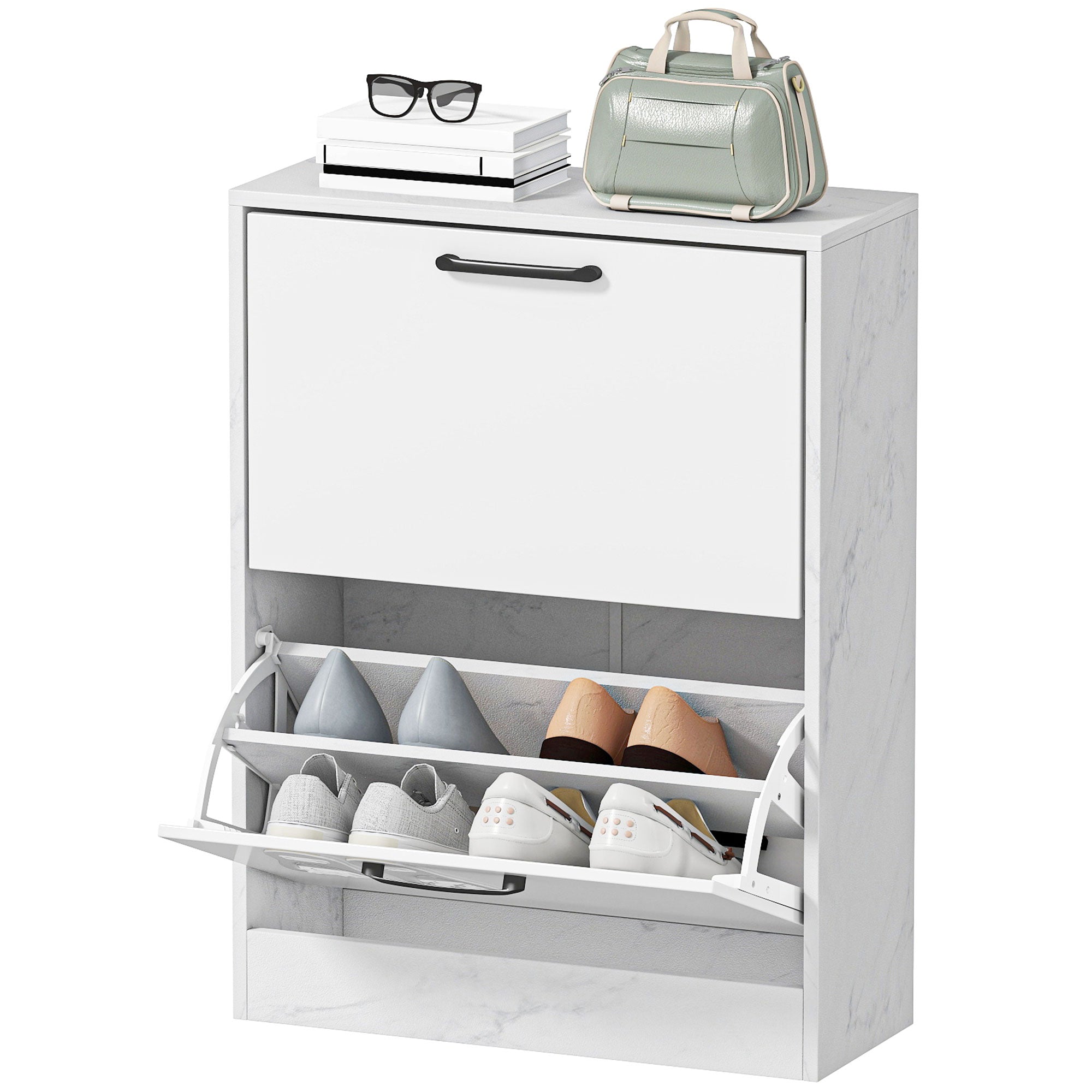 Slim Shoe Cabinet with 2 High-Gloss Flip Doors, Adjustable Shelves, Marble Design, Fits up to 8 Pairs — White (23.6 x 9.4 x 31.5 in)