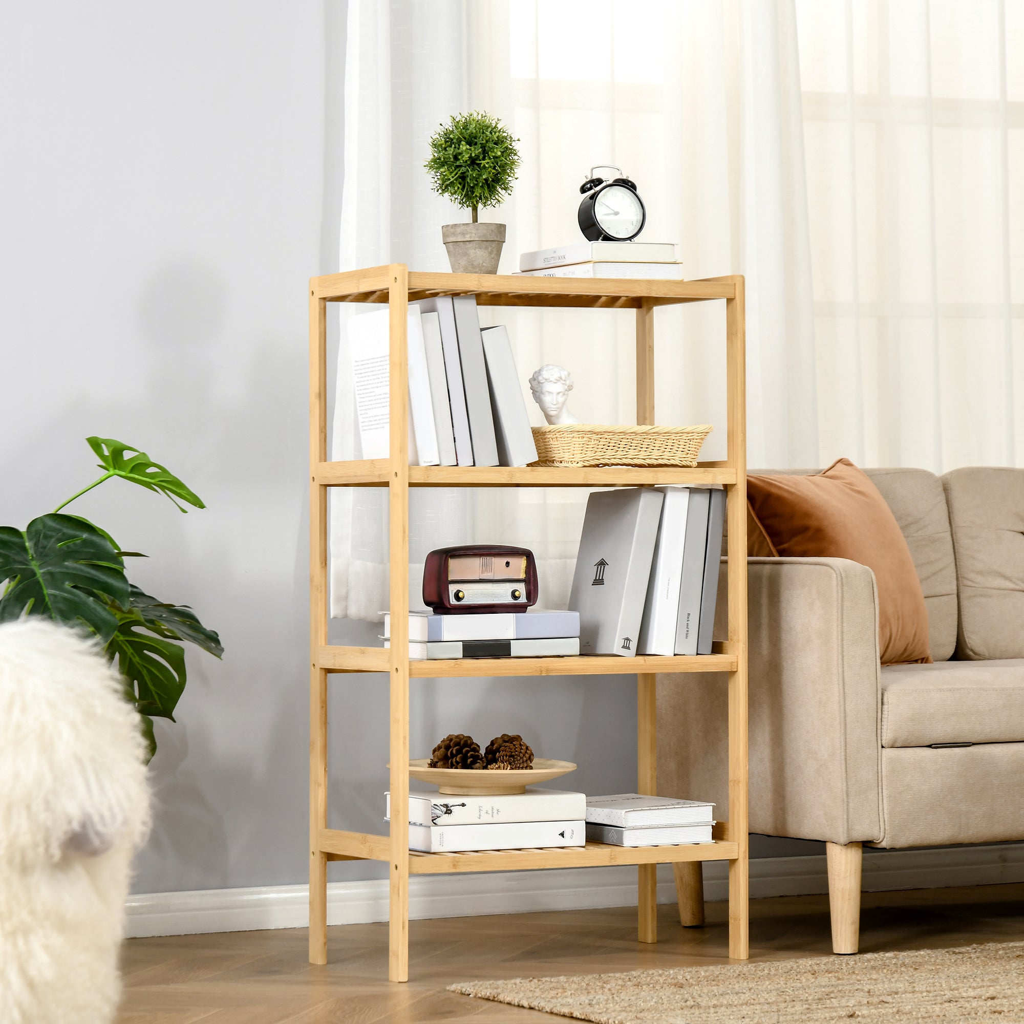 Bookshelf 4-Tier Bamboo Shelf Office Shelf Storage Shelf File Shelf Kitchen Shelf for Bathroom Kitchen Living Room Bedroom Bamboo Natural 62 x 33 x 112 cm