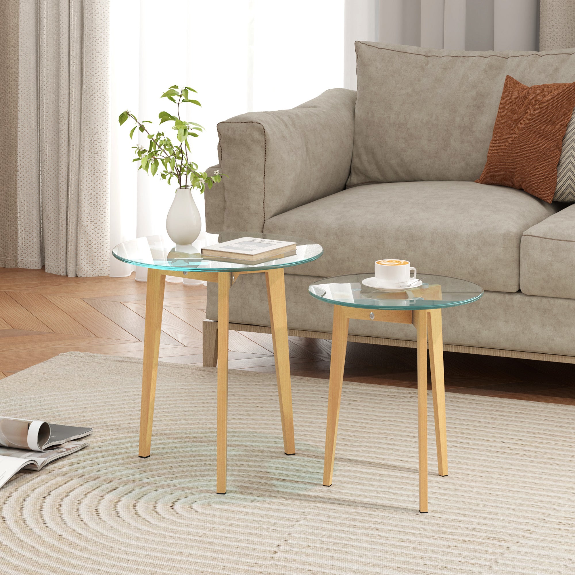 Living Room Nesting Side Tables Set of 2 with Tempered Glass Top and Steel Frame Small Center Tables for Bedroom Clear