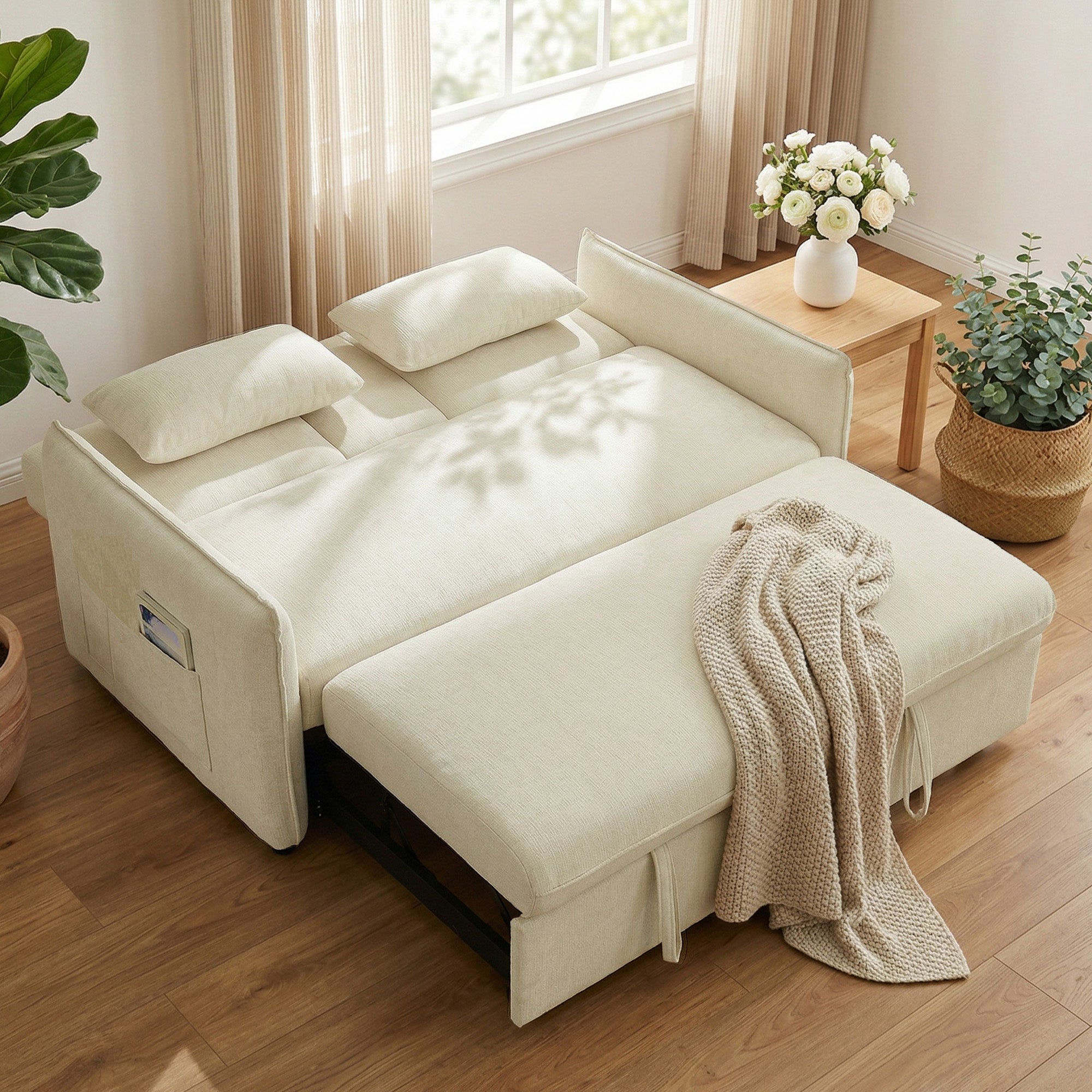 2-Seater 3‑in‑1 Convertible Chenille Sofa Bed with Adjustable Backrest, Cup Holders & Side Pockets — Beige