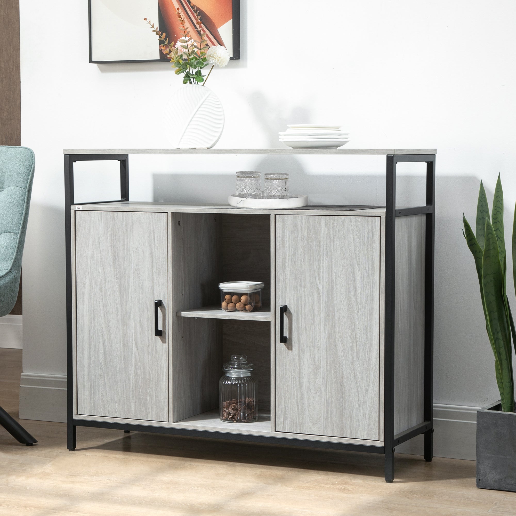 Modern Wood Sideboard with 2 Cabinets and Shelves, Light Grey Kitchen and Entryway Cabinet, 100x34x87.2cm
