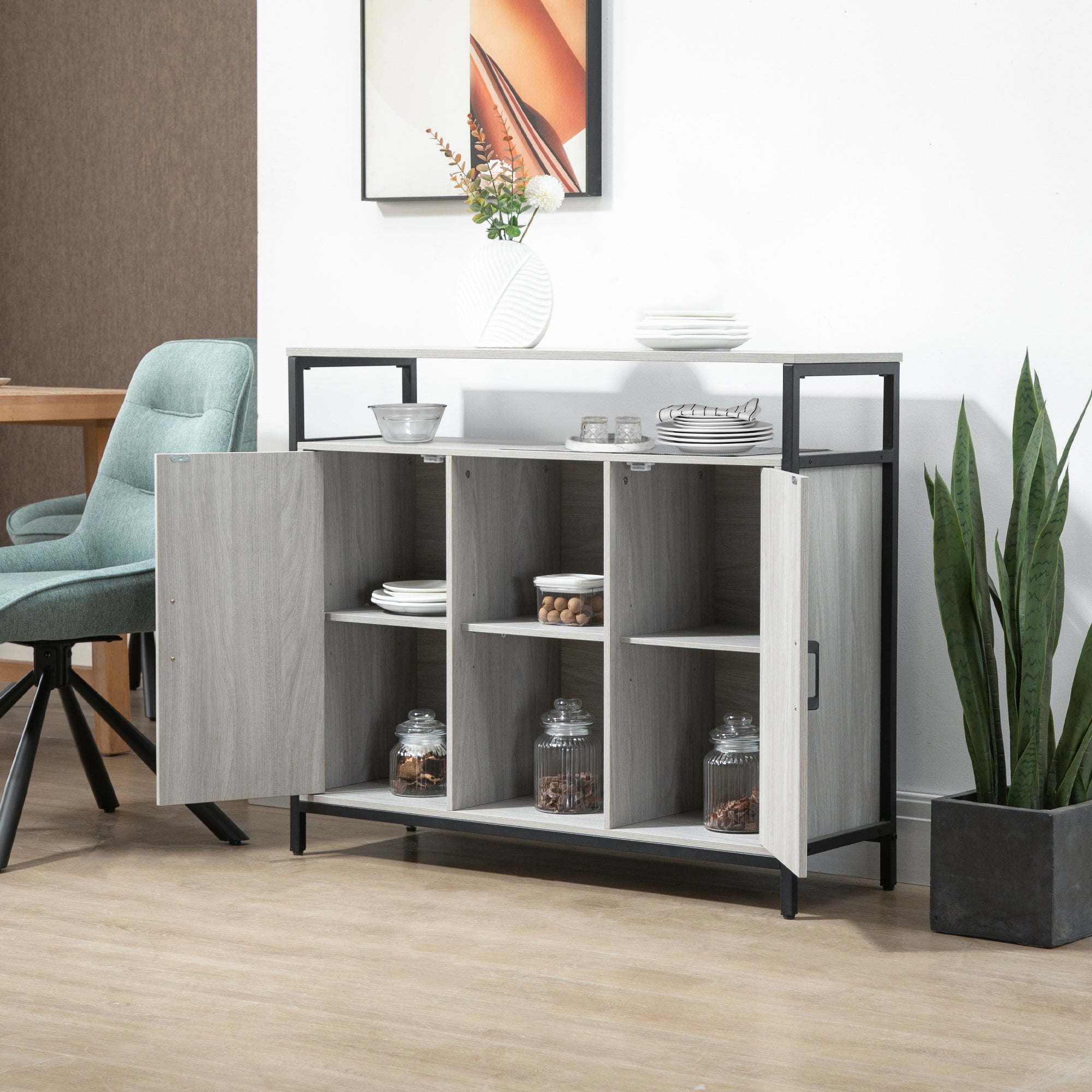 Modern Wood Sideboard with 2 Cabinets and Shelves, Light Grey Kitchen and Entryway Cabinet, 100x34x87.2cm