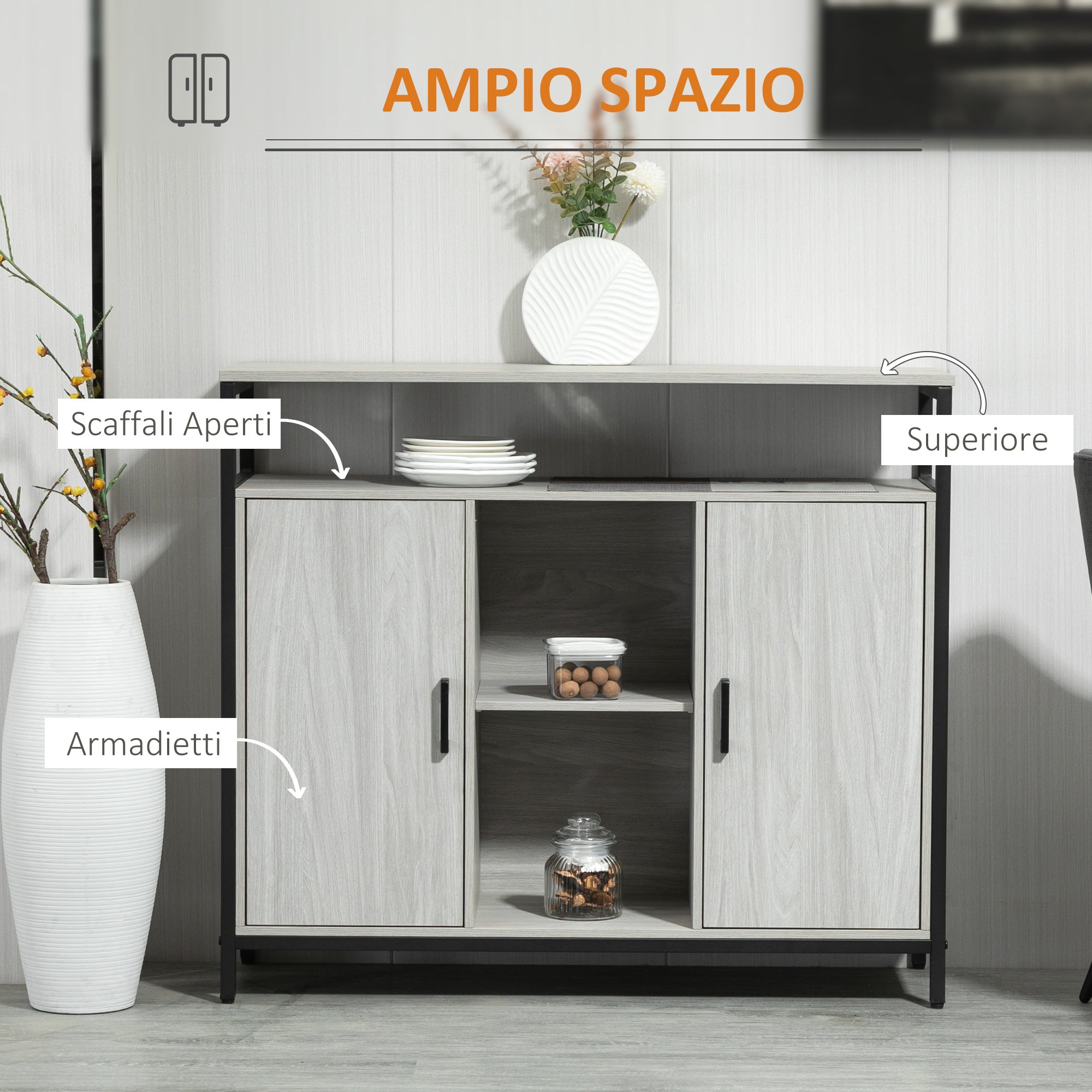 Modern Wood Sideboard with 2 Cabinets and Shelves, Light Grey Kitchen and Entryway Cabinet, 100x34x87.2cm