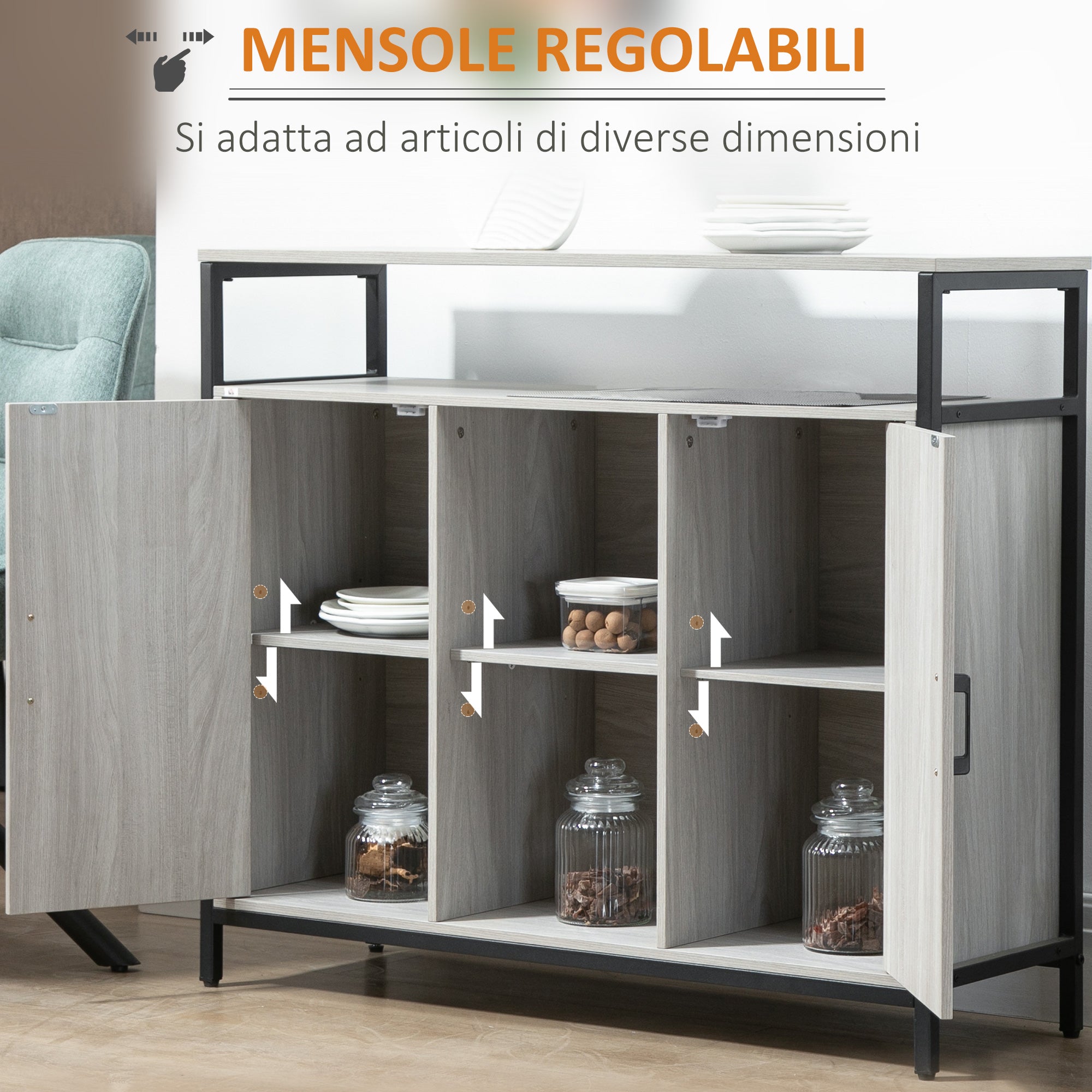 Modern Wood Sideboard with 2 Cabinets and Shelves, Light Grey Kitchen and Entryway Cabinet, 100x34x87.2cm