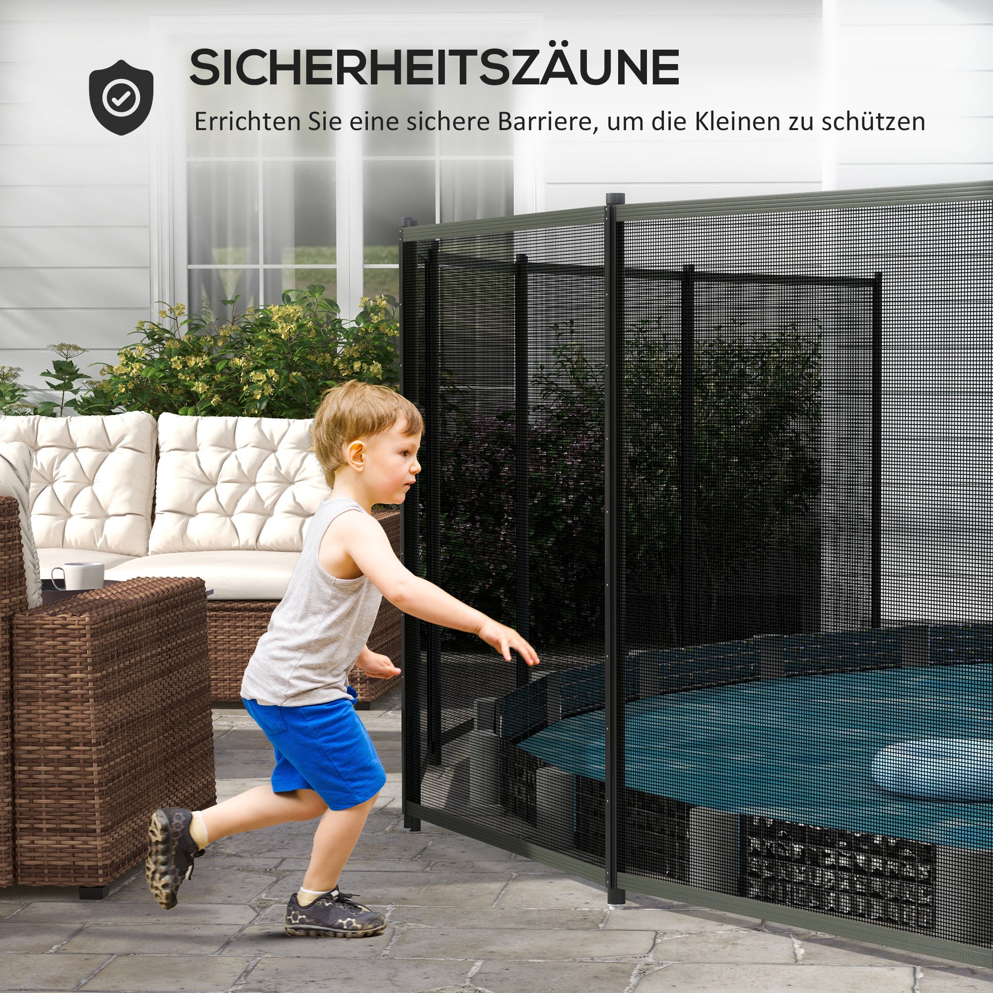Pond Fence, 365 x 126 cm Garden Fence, Set of 4 Decorative Pool Fences with Foot Stepping Fence for Terrace, Balcony, Mesh, Black