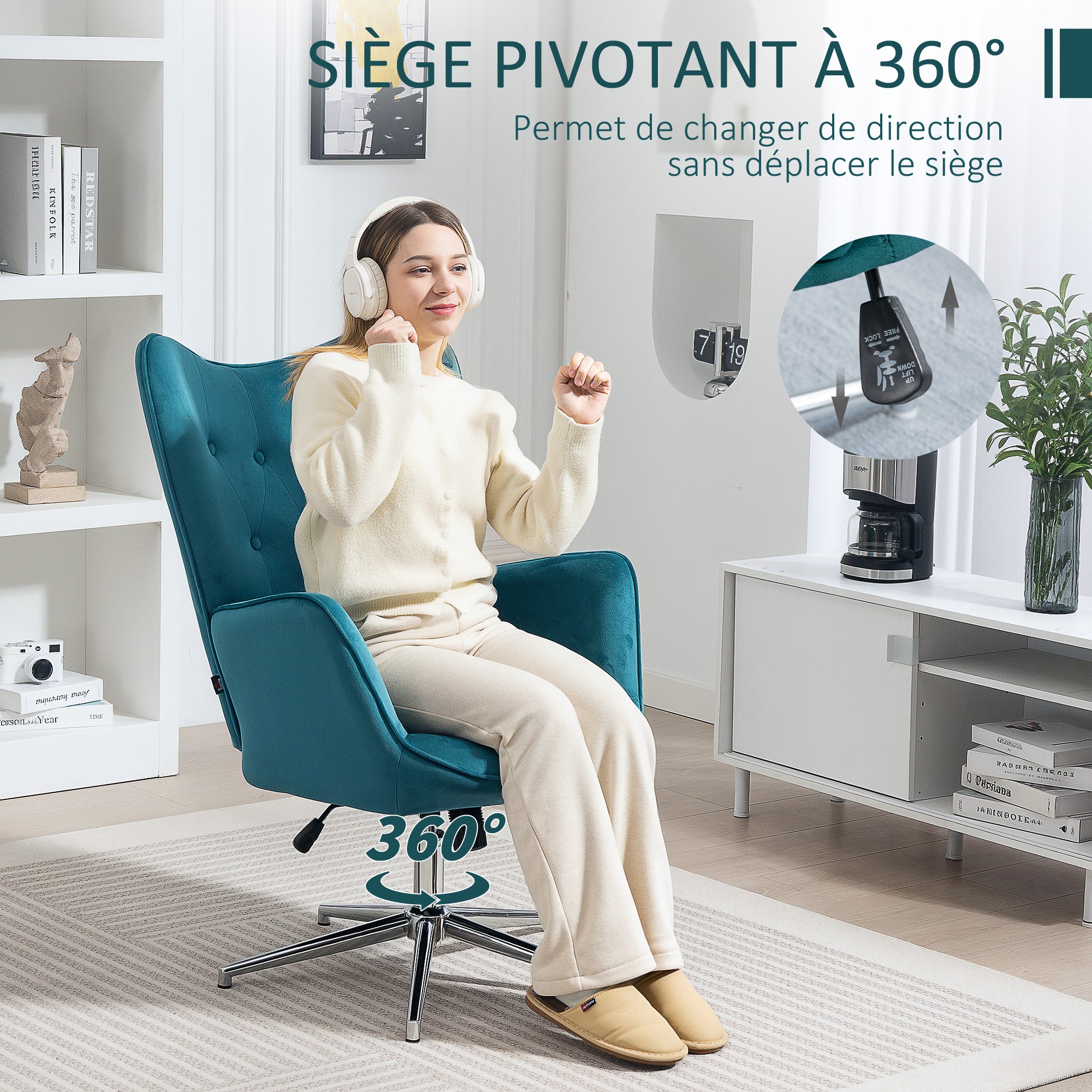 Living Room Chair Relax Swivel Chair, Adjustable Height, Tufted Backrest, Padded Seat and Armrests, Velvet Fabric, for Bedroom Living Room Dining Room, Blue