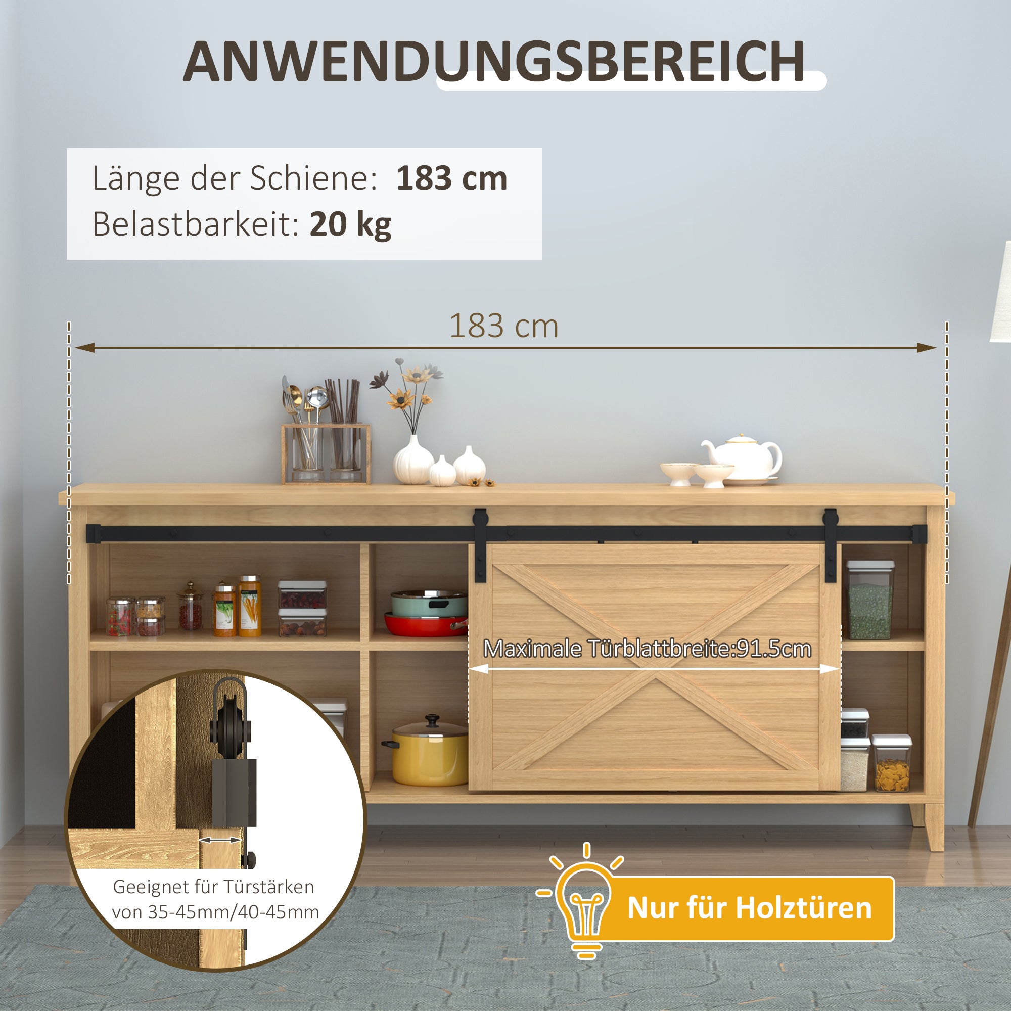 183 cm Sliding Door Complete Set Sliding Door Hardware Kit with Floor Guide, Sliding Door Track, Sliding Door Rollers System for Single Wooden Sliding Door