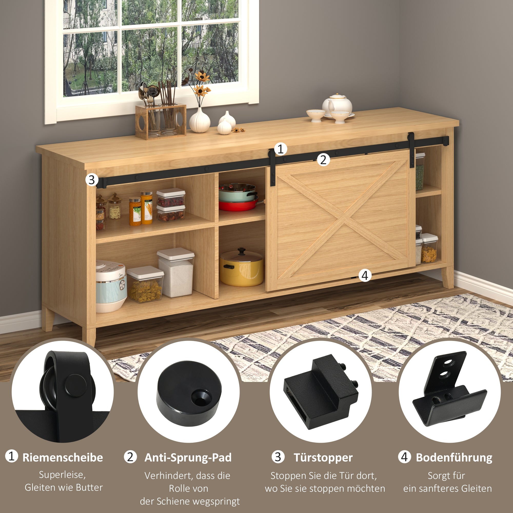 183 cm Sliding Door Complete Set Sliding Door Hardware Kit with Floor Guide, Sliding Door Track, Sliding Door Rollers System for Single Wooden Sliding Door