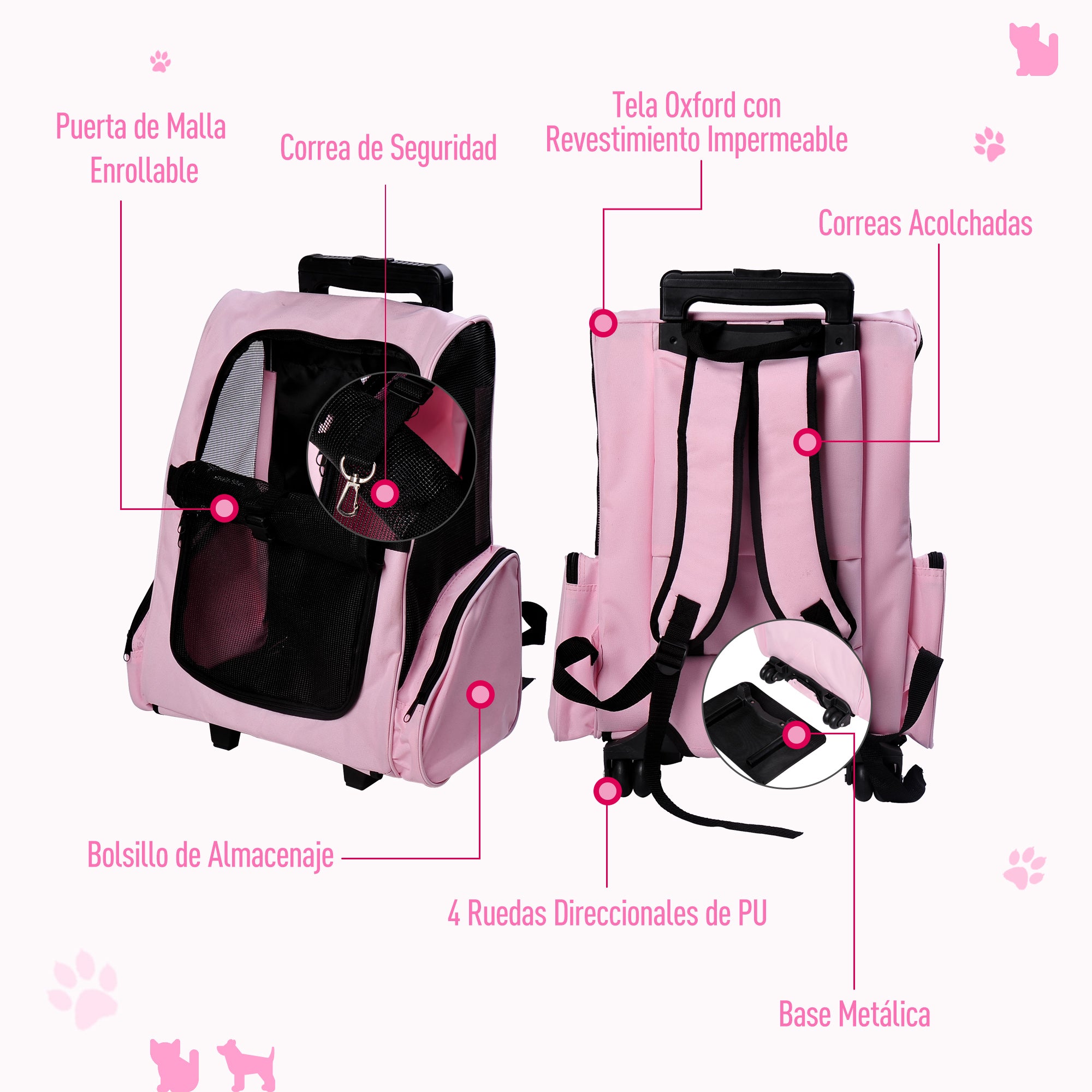 2-in-1 Pet Carrier Backpack or Wheeled Travel Cart for Dog and Cat with Aluminum Retractable Handle and Pockets 16.5x9.8x21.7 inches Pink