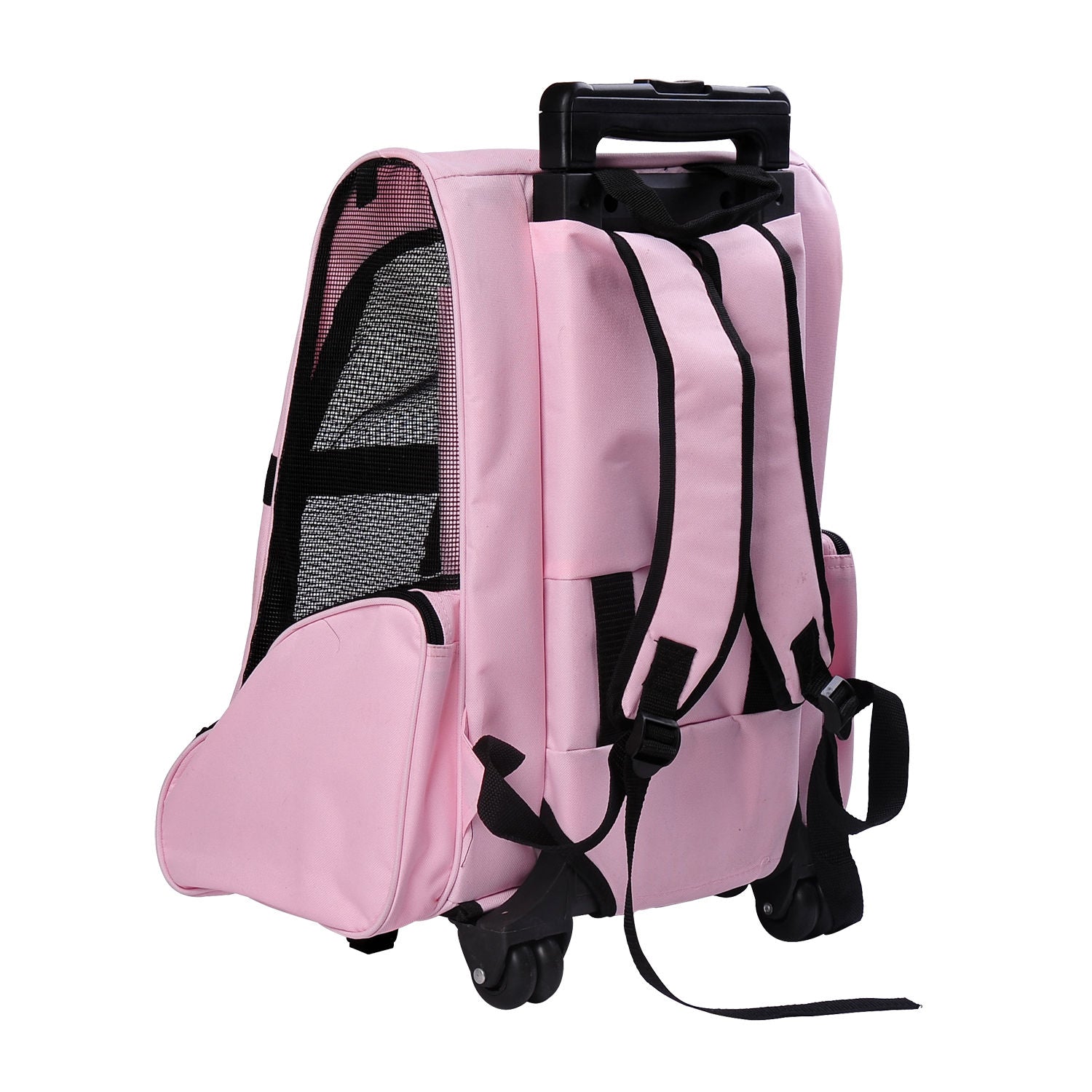 2-in-1 Pet Carrier Backpack or Wheeled Travel Cart for Dog and Cat with Aluminum Retractable Handle and Pockets 16.5x9.8x21.7 inches Pink